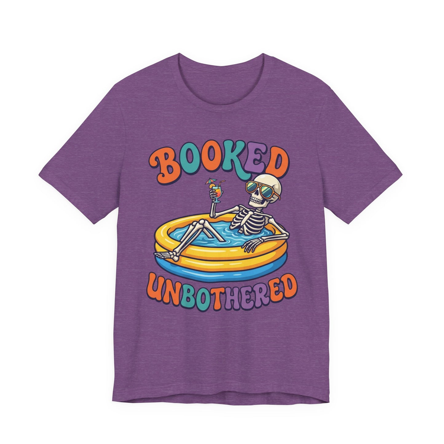 Red Bella+Canvas 3001 unisex tee with Booked and Unbothered graphic, flat lay