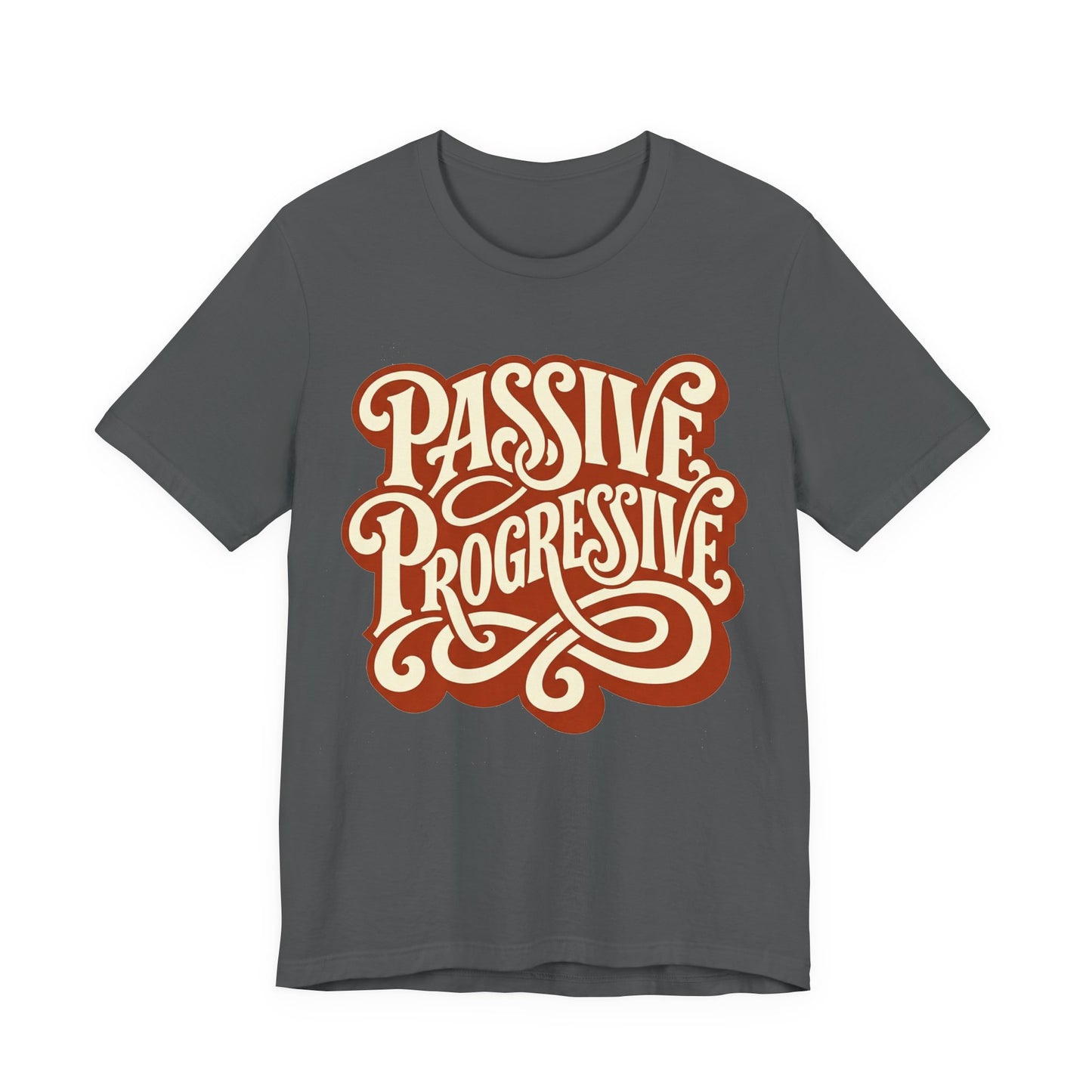 Asphalt Bella+Canvas 3001 unisex tee with Passive Progressive graphic, on hanger