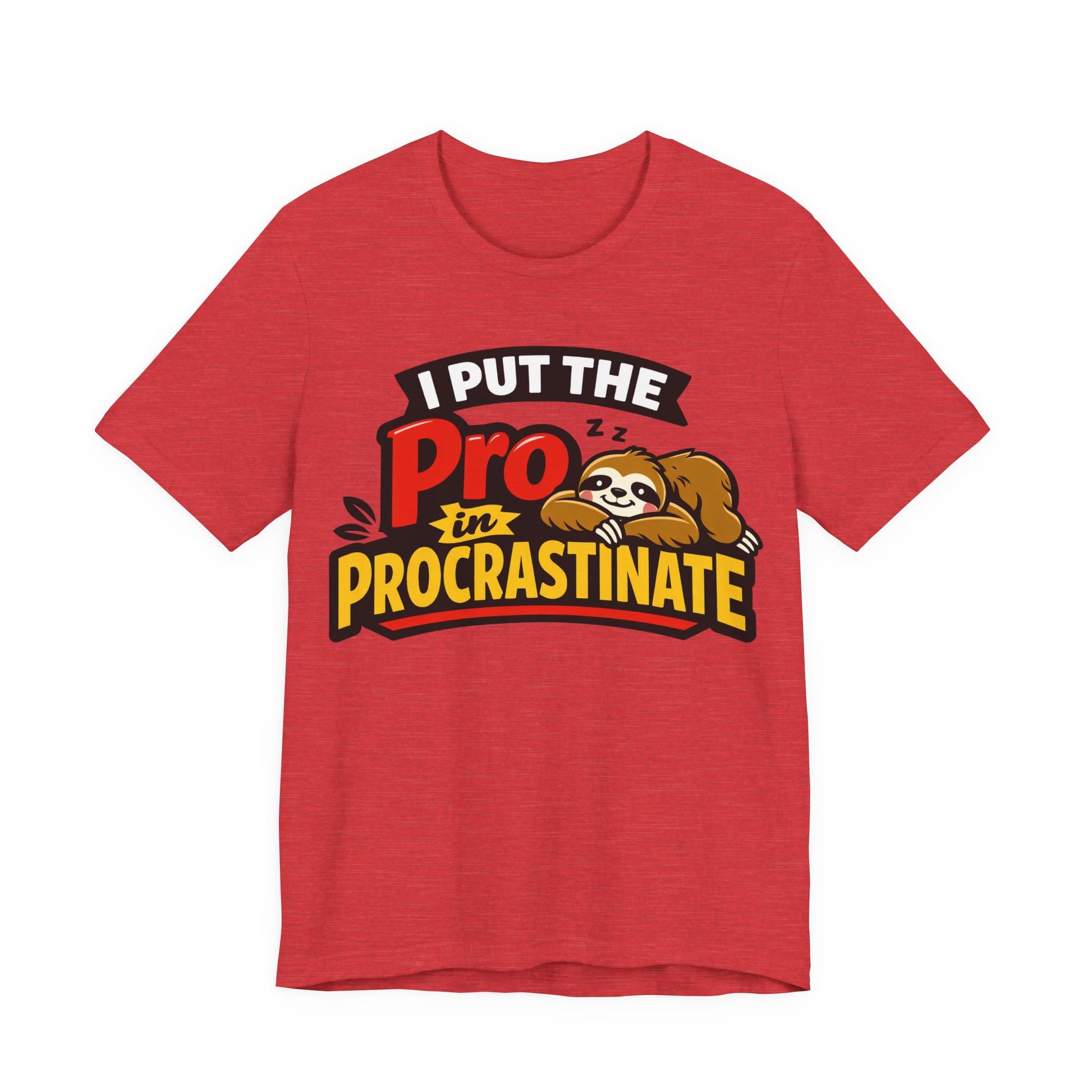 Black Bella+Canvas 3001 unisex tee with I Put the Pro in Procrastinate sloth graphic, detail view