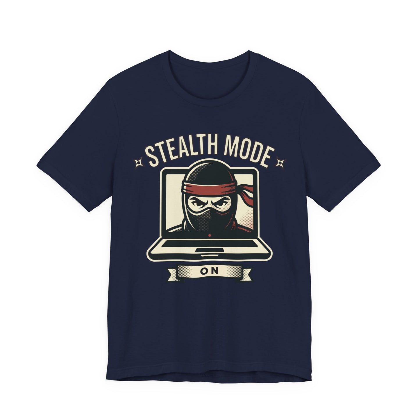 Navy Bella+Canvas 3001 unisex tee with Stealth Mode On ninja laptop graphic, on hanger