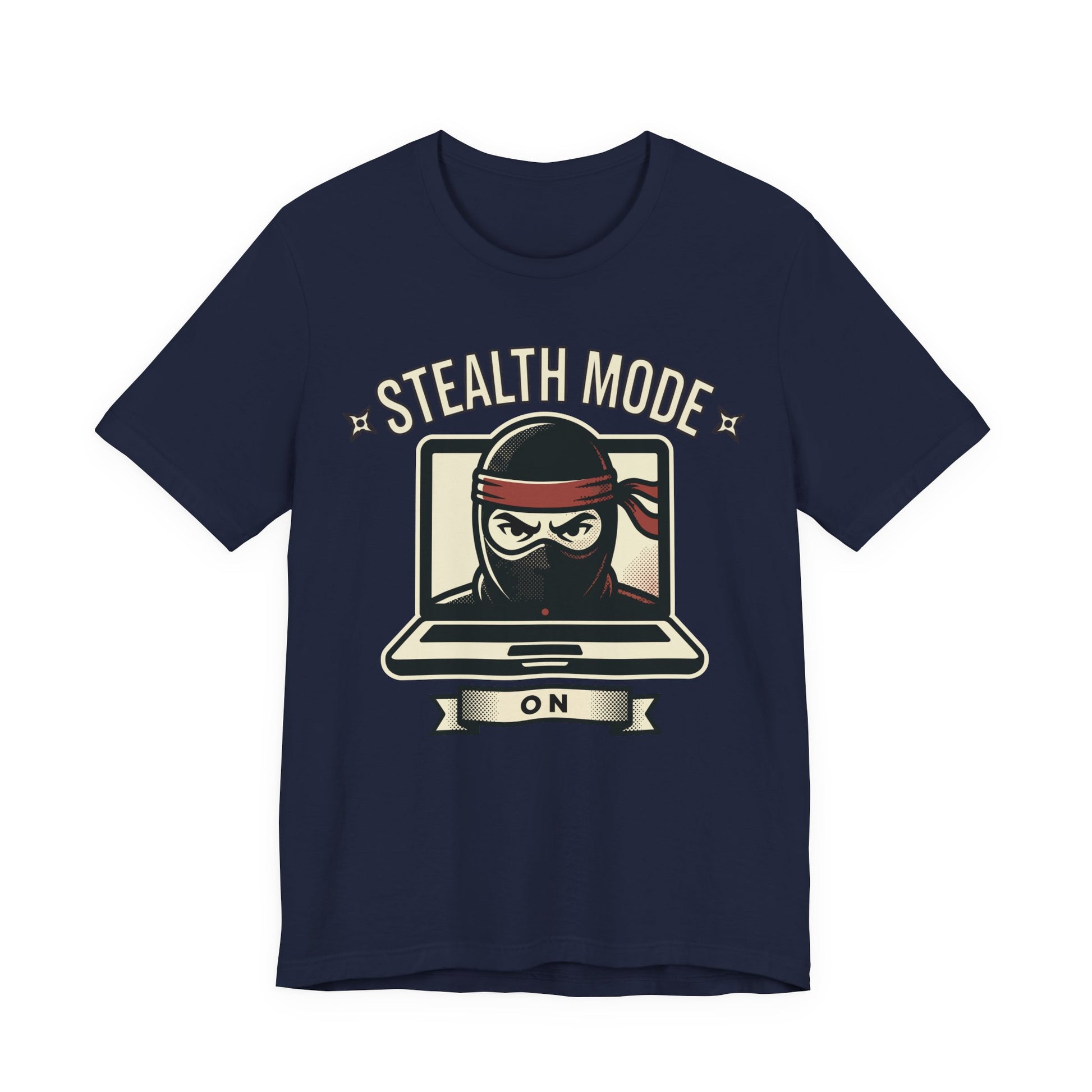 Navy Bella+Canvas 3001 unisex tee with Stealth Mode On ninja laptop graphic, on hanger