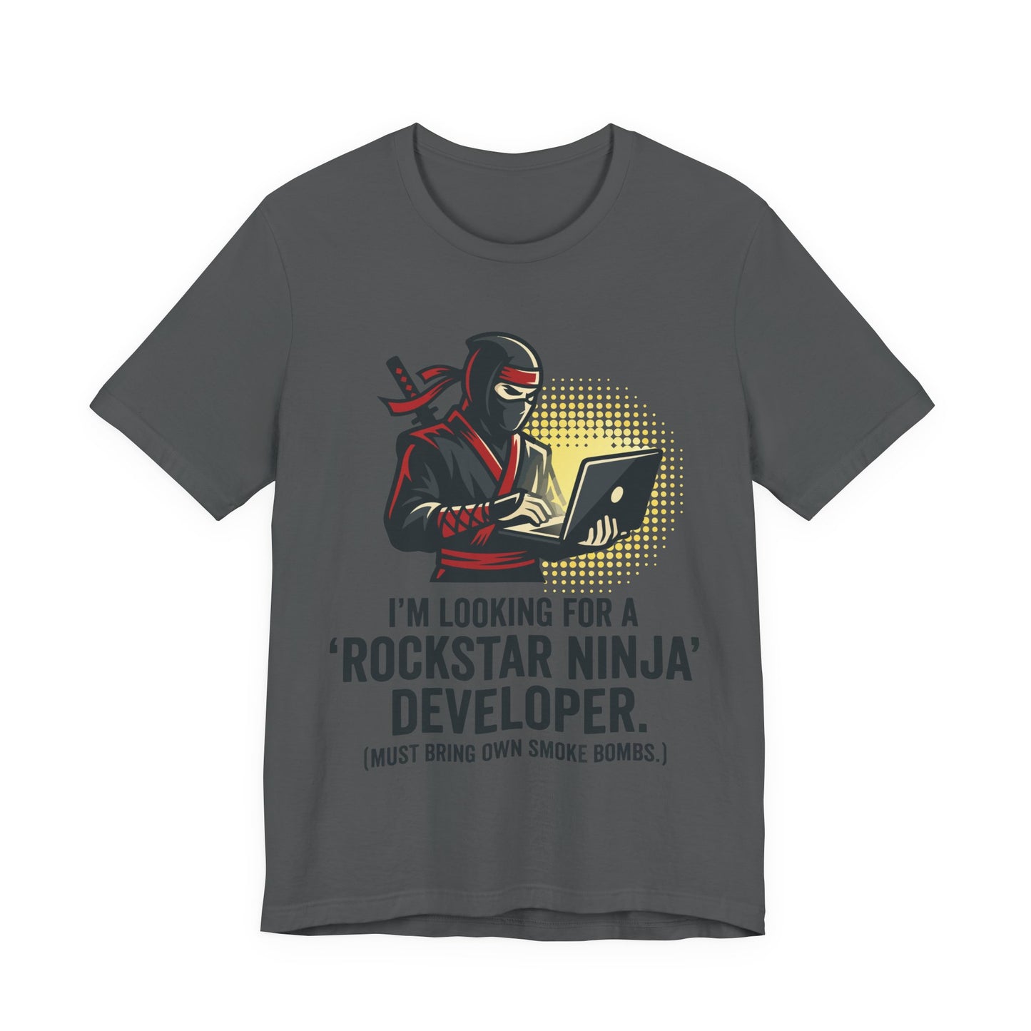 Asphalt Bella+Canvas 3001 unisex tee with Rockstar Ninja Developer graphic and text design, on hanger