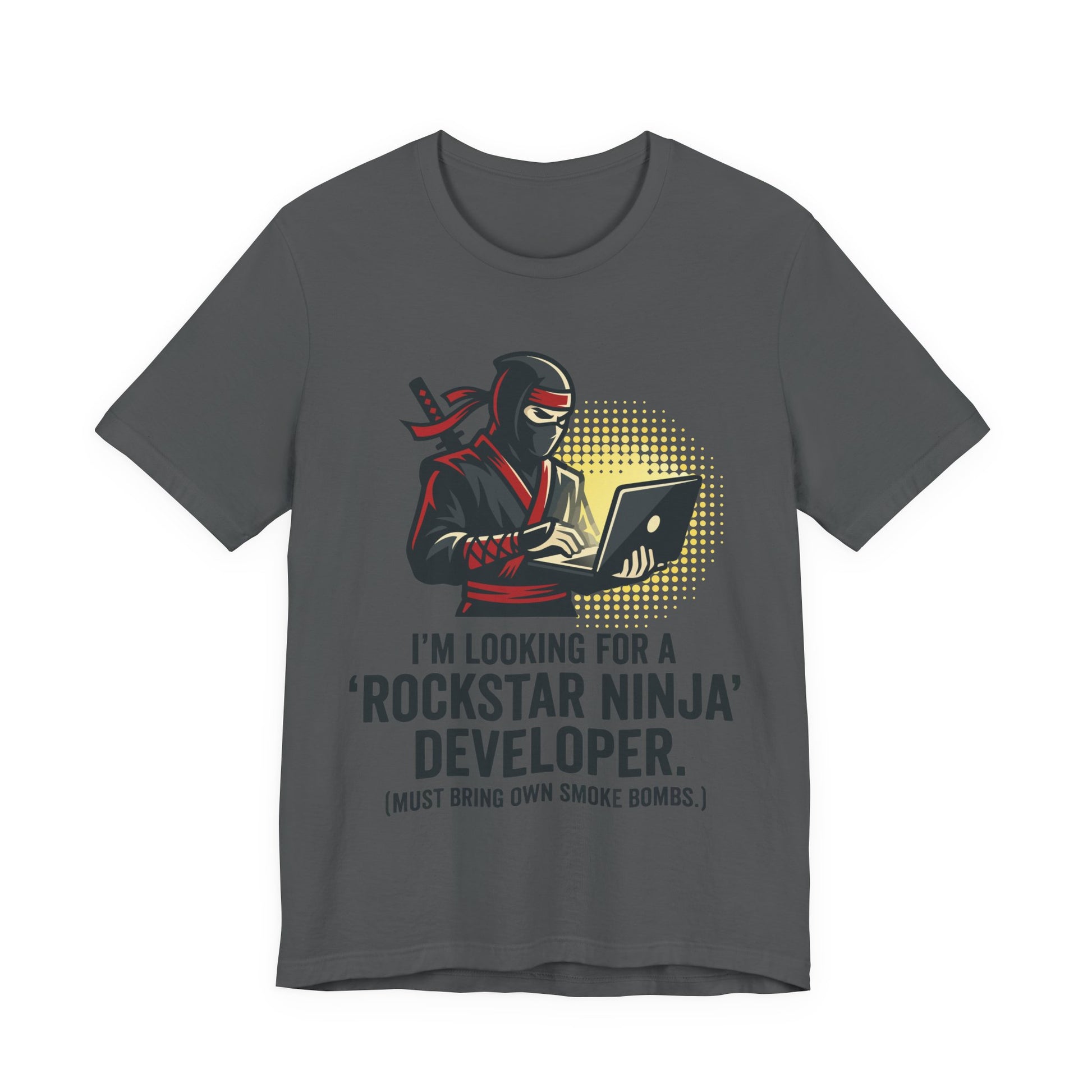 Asphalt Bella+Canvas 3001 unisex tee with Rockstar Ninja Developer graphic and text design, on hanger
