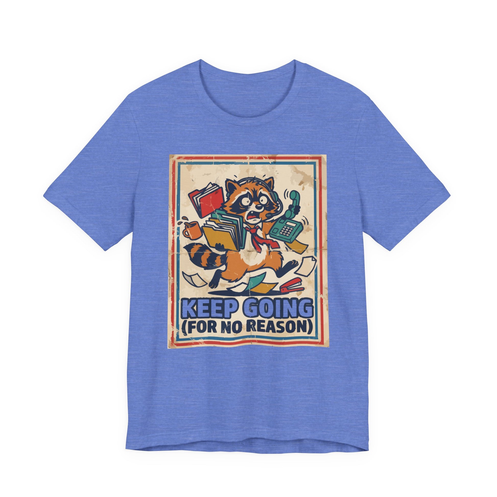 Navy Bella+Canvas 3001 unisex tee with Keep Going For No Reason graphic, flat lay