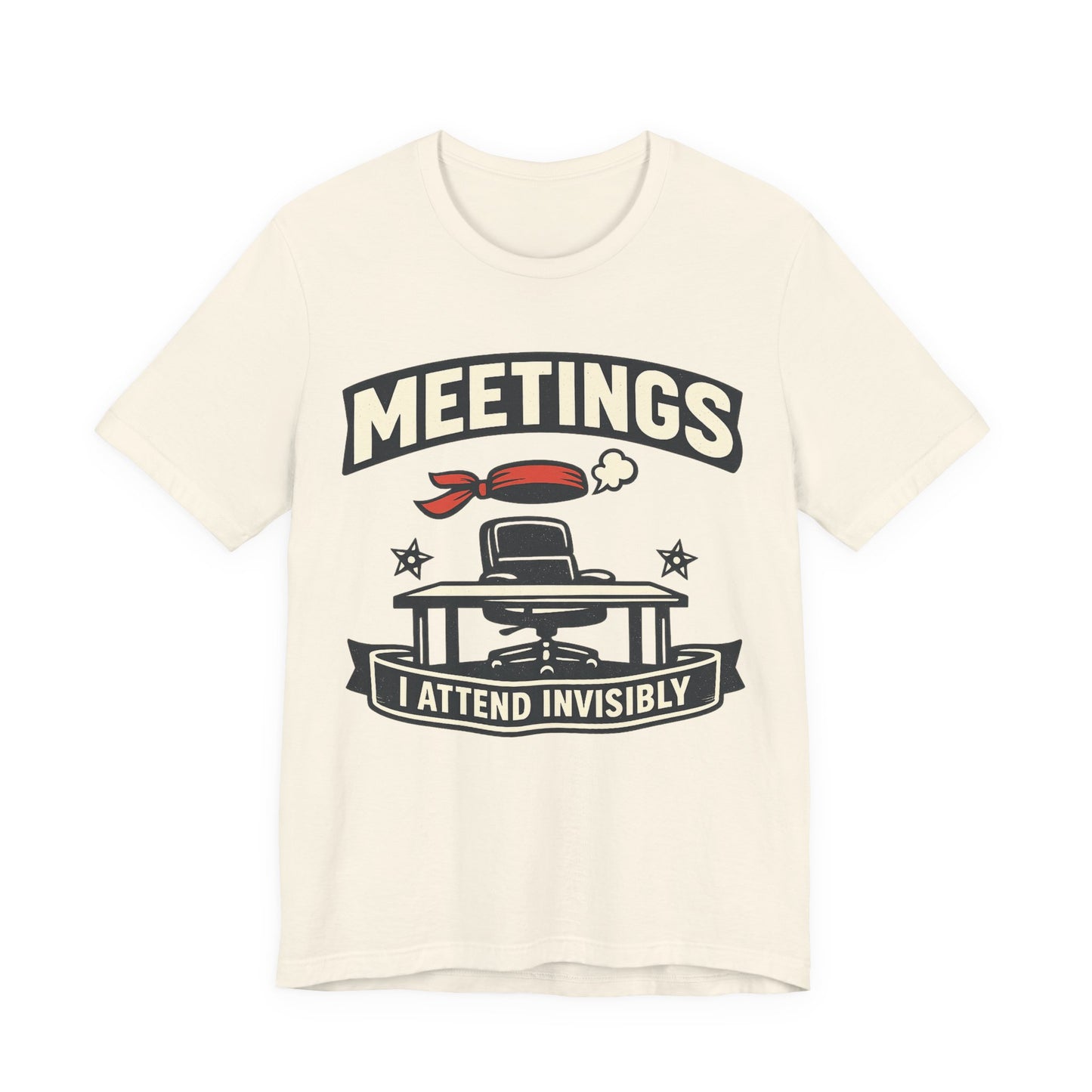 Natural Bella+Canvas 3001 unisex tee with Meetings I Attend Invisibly ninja badge graphic, on hanger