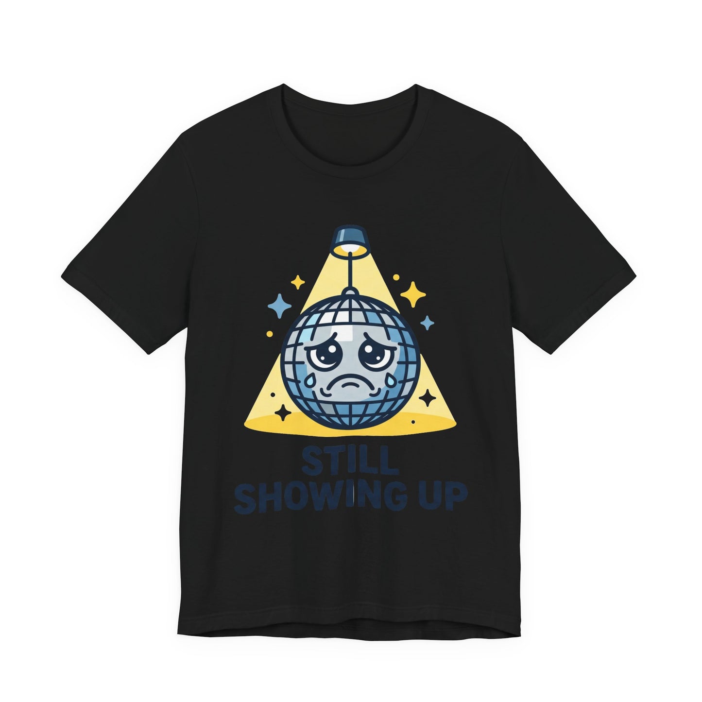 Black Bella+Canvas 3001 unisex tee with Still Showing Up graphic, flat lay