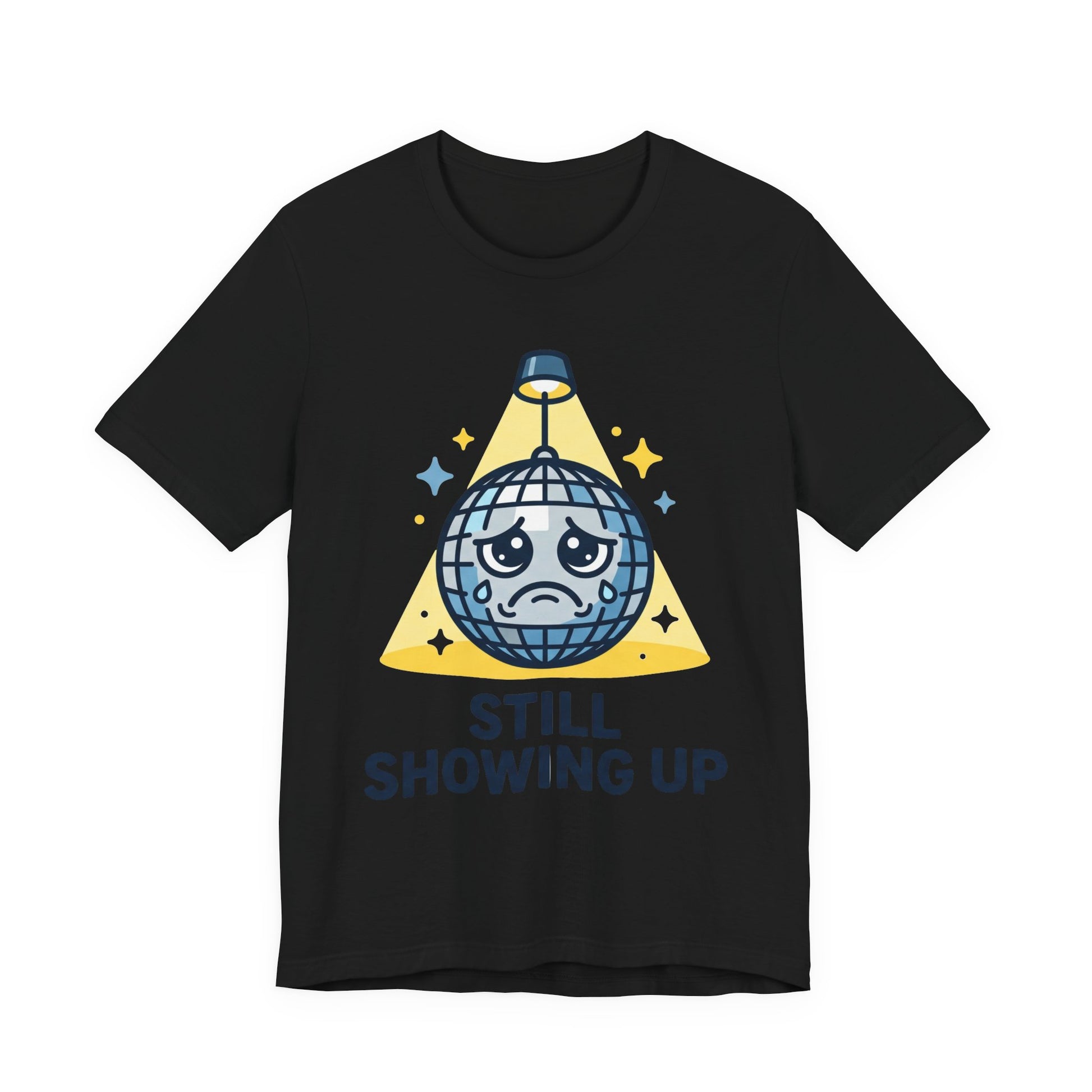 Black Bella+Canvas 3001 unisex tee with Still Showing Up graphic, flat lay