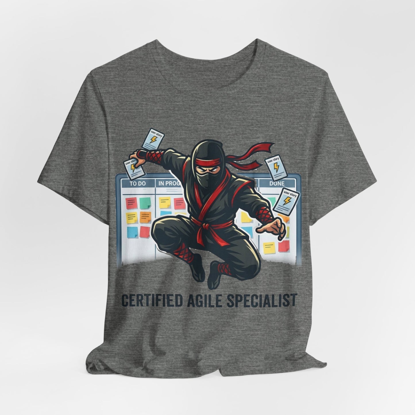 Red Bella+Canvas 3001 unisex tee with Certified Agile Specialist ninja kanban design, lifestyle view