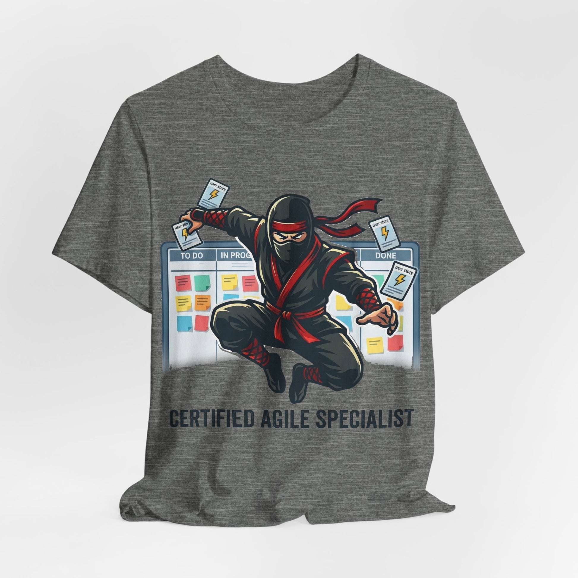 Red Bella+Canvas 3001 unisex tee with Certified Agile Specialist ninja kanban design, lifestyle view