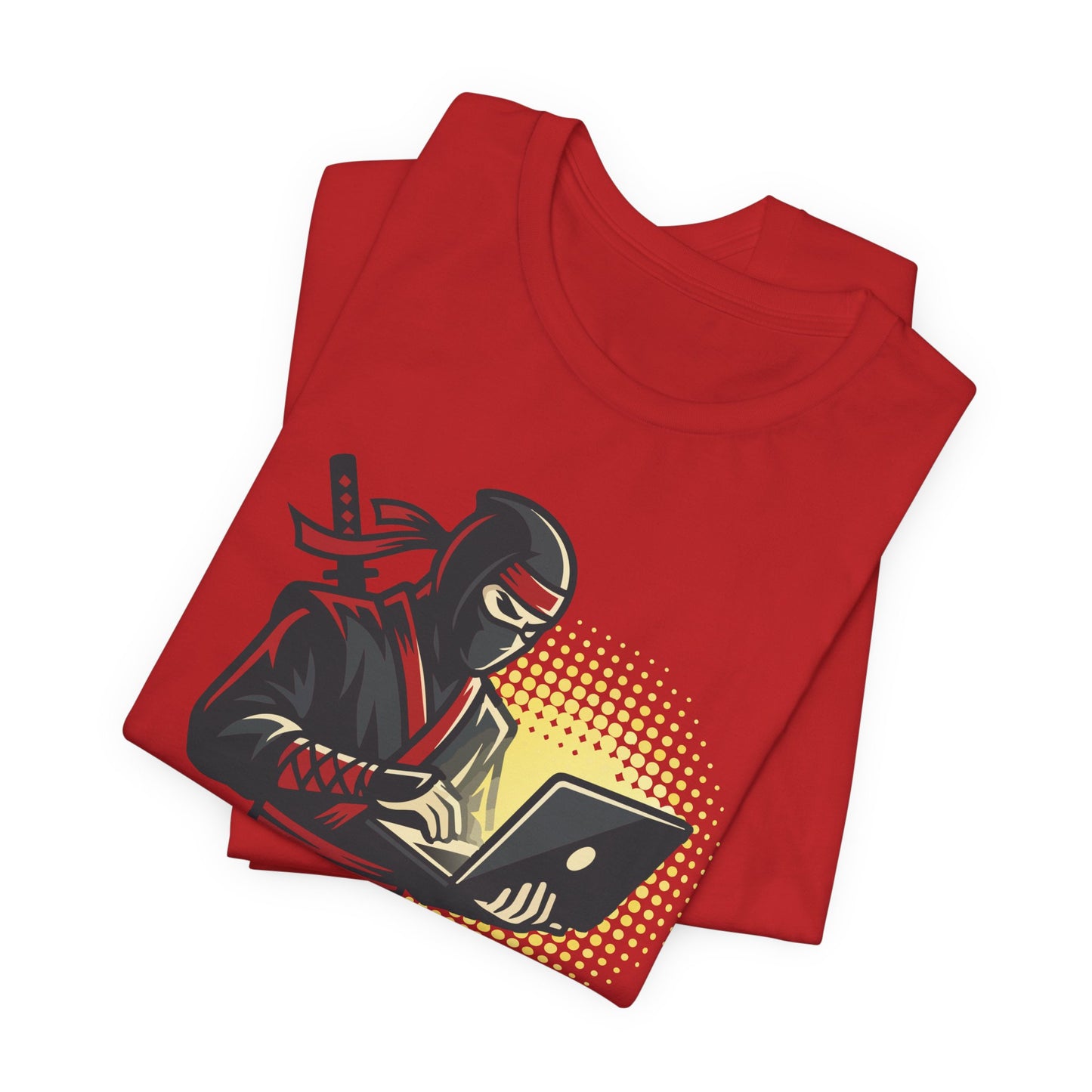 Asphalt Bella+Canvas 3001 unisex tee with Rockstar Ninja Developer graphic and text design, flat lay