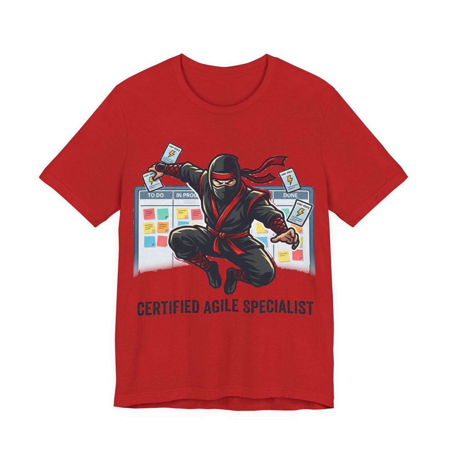 Red Bella+Canvas 3001 unisex tee with Certified Agile Specialist ninja kanban design, on hanger