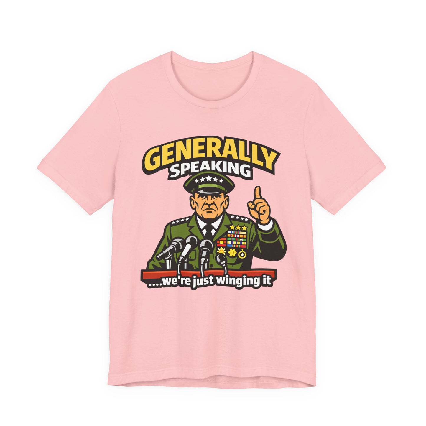 Asphalt Bella+Canvas 3001 unisex tee with Generally Speaking We're Just Winging It graphic, flat lay
