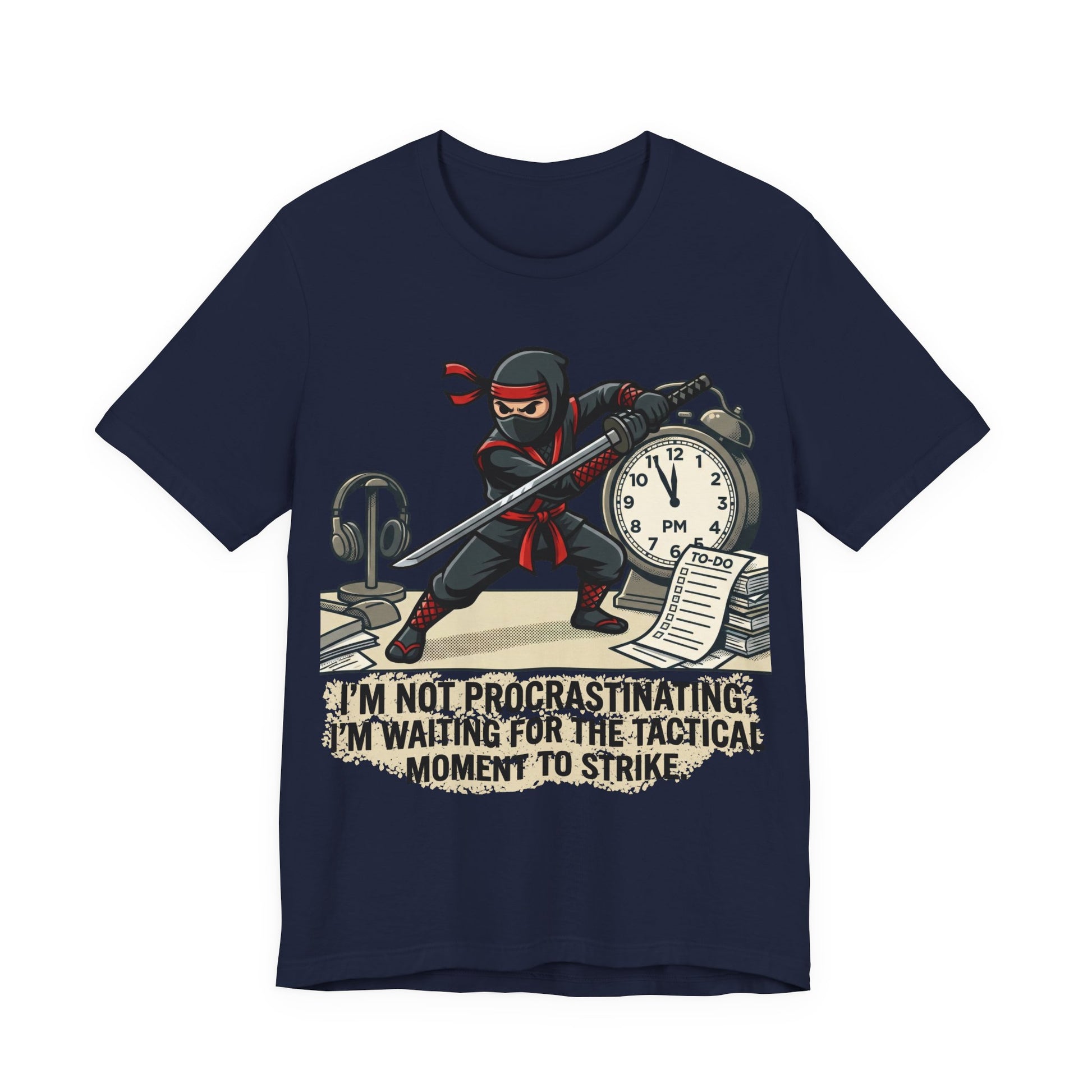 Navy Bella+Canvas 3001 unisex tee with I'm Not Procrastinating ninja and clock graphic, on hanger