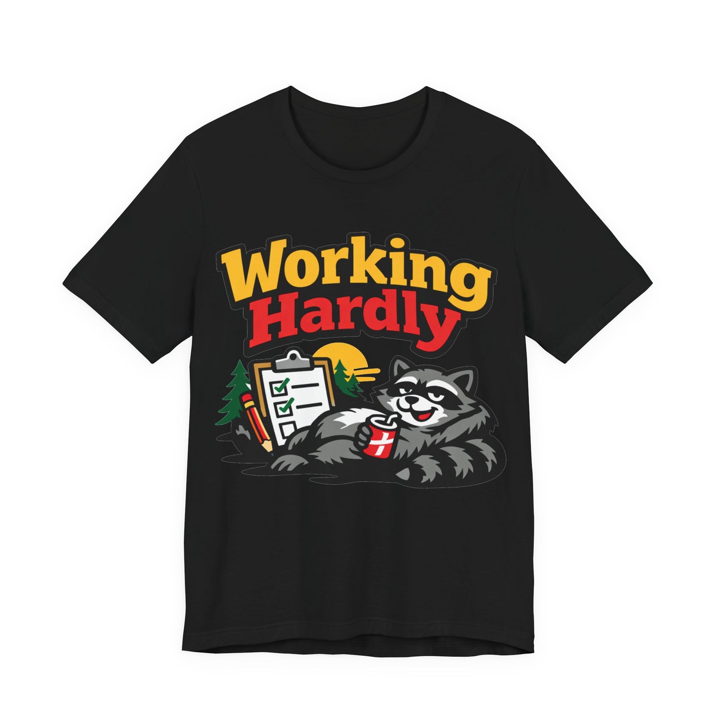 Black Bella+Canvas 3001 unisex tee with Working Hardly raccoon graphic, flat lay