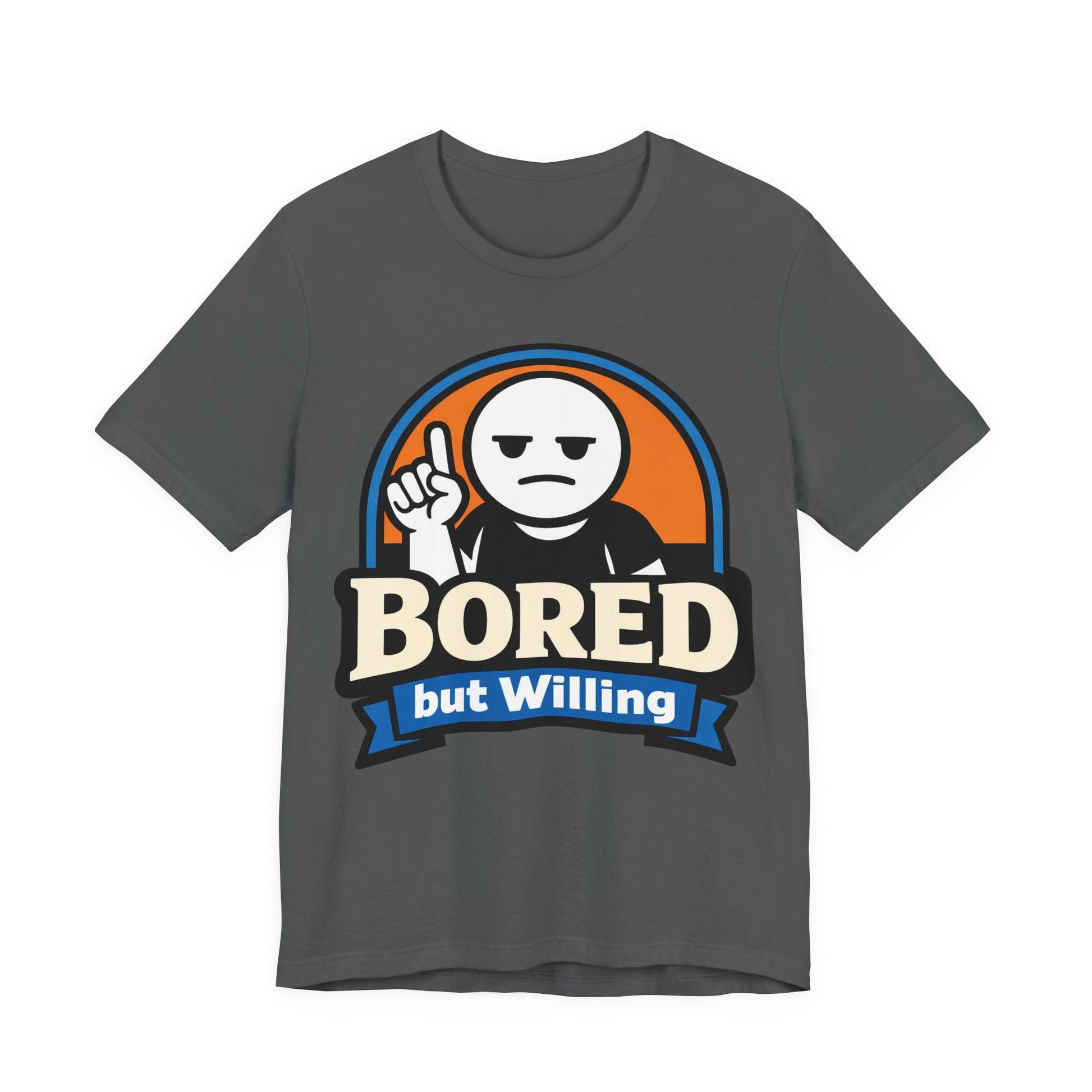 Red Bella+Canvas 3001 unisex tee with Bored But Willing graphic, on hanger