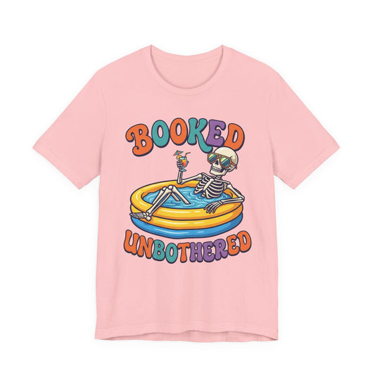 Asphalt Bella+Canvas 3001 unisex tee with Booked and Unbothered graphic, flat lay