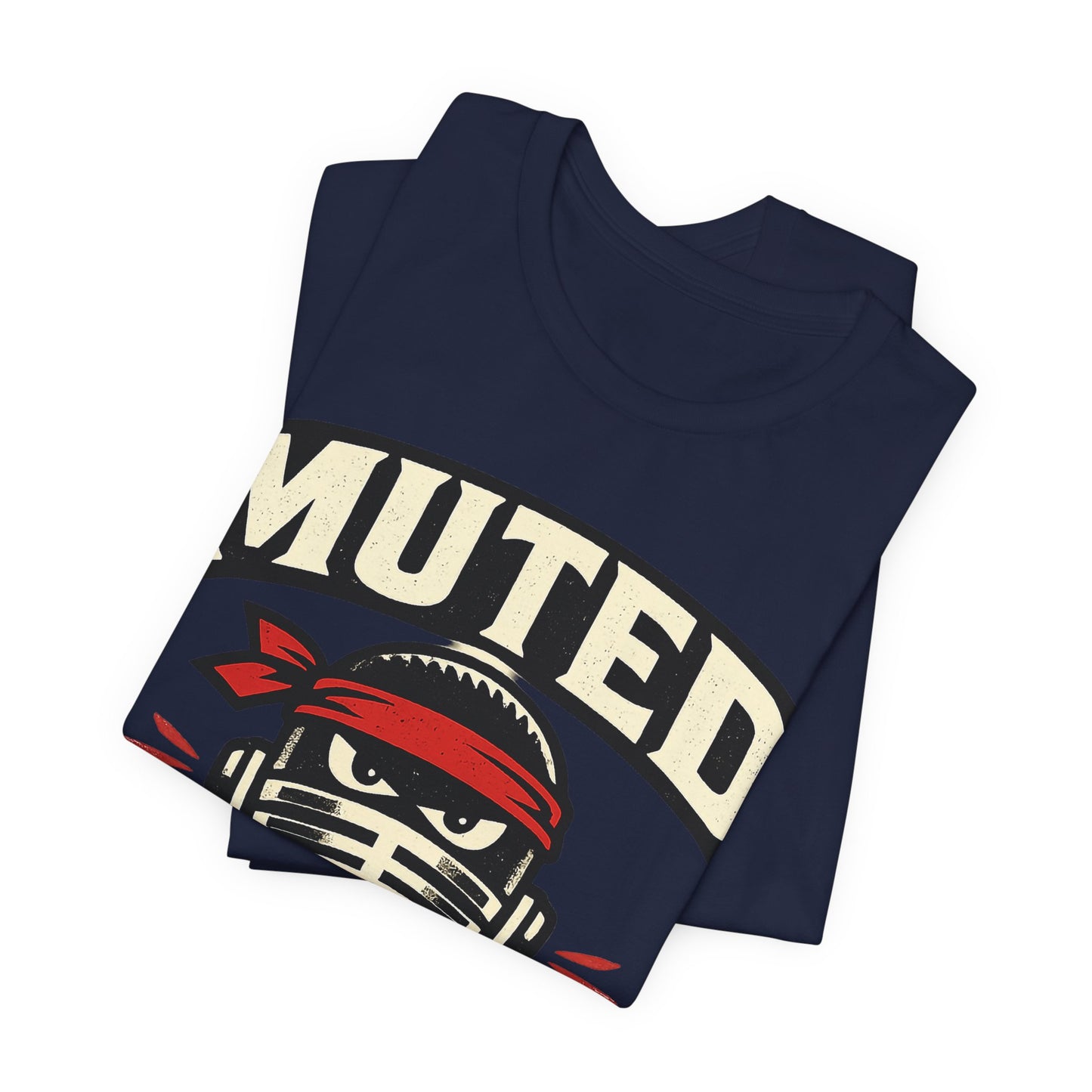 Navy Bella+Canvas 3001 unisex tee with Muted But Dangerous ninja graphic, flat lay