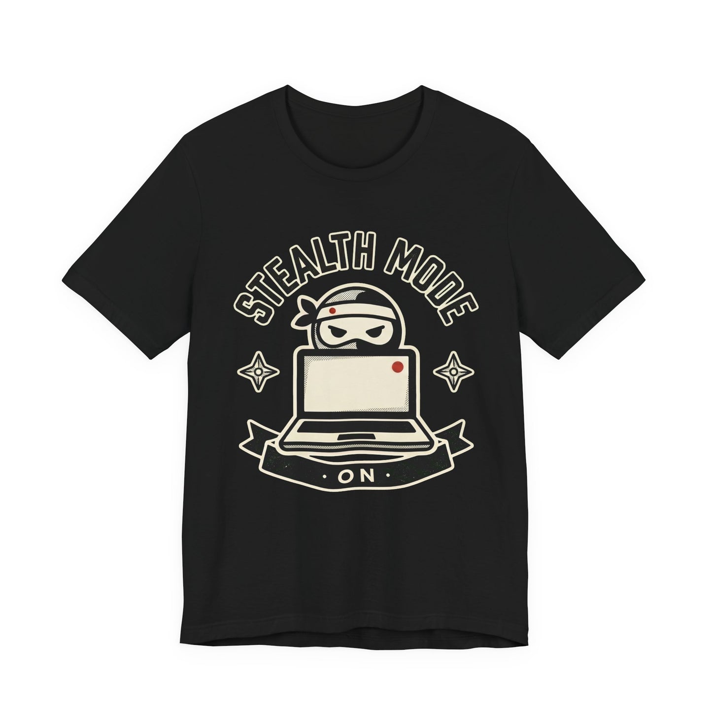 Black Bella+Canvas 3001 unisex tee with Stealth Mode On ninja laptop badge graphic, flat lay