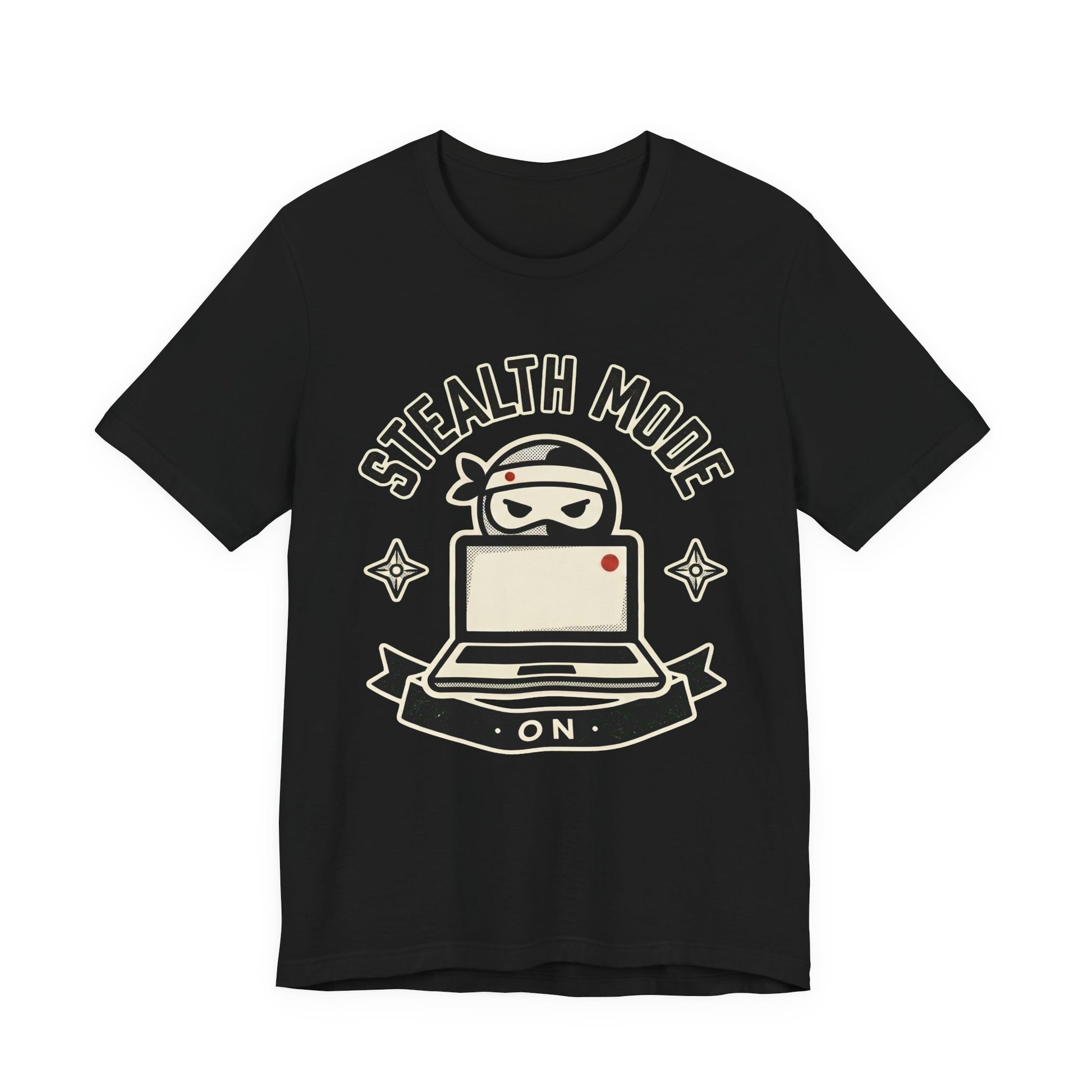 Black Bella+Canvas 3001 unisex tee with Stealth Mode On ninja laptop badge graphic, flat lay