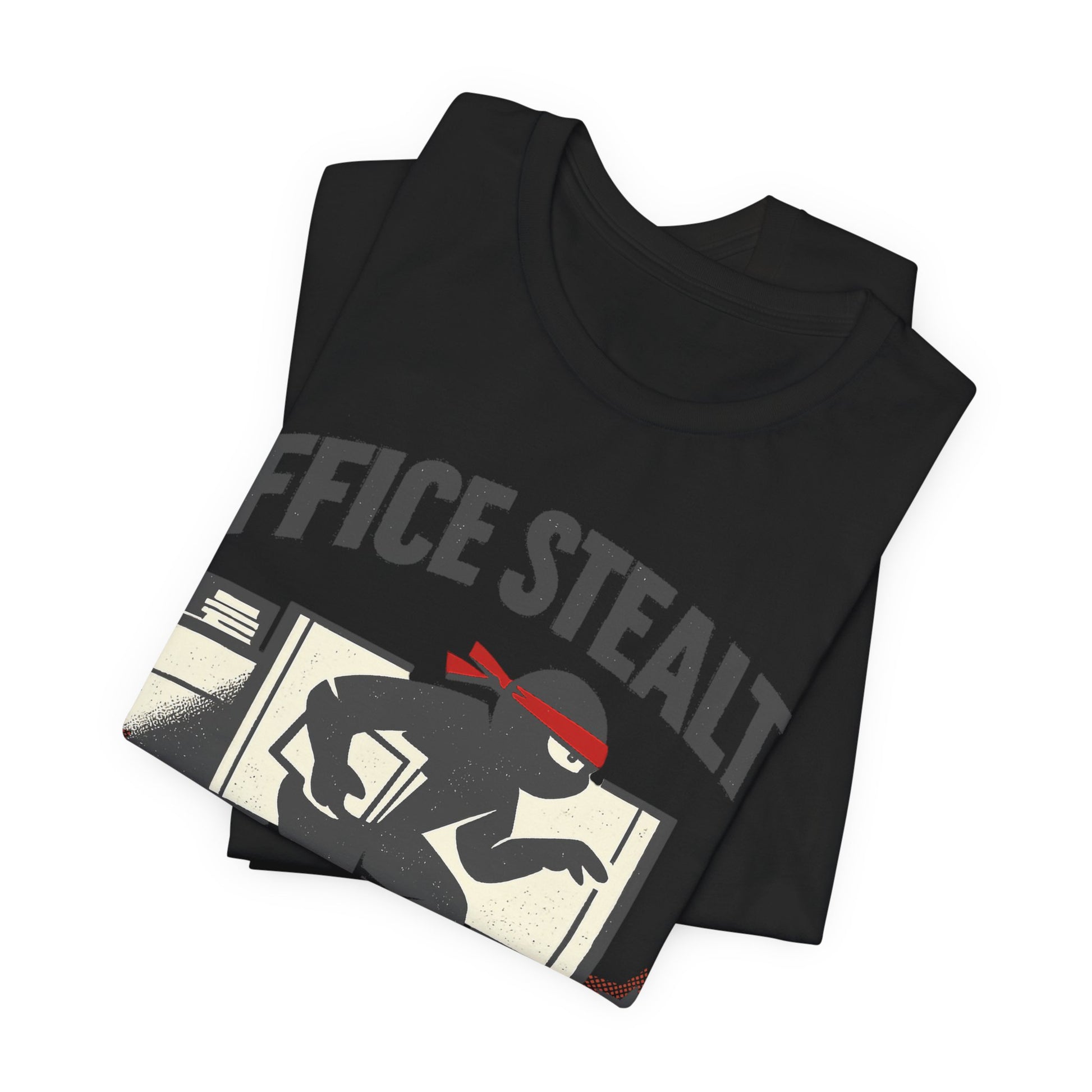 Black Bella+Canvas 3001 unisex tee with Office Stealth vintage faded ninja design, on hanger