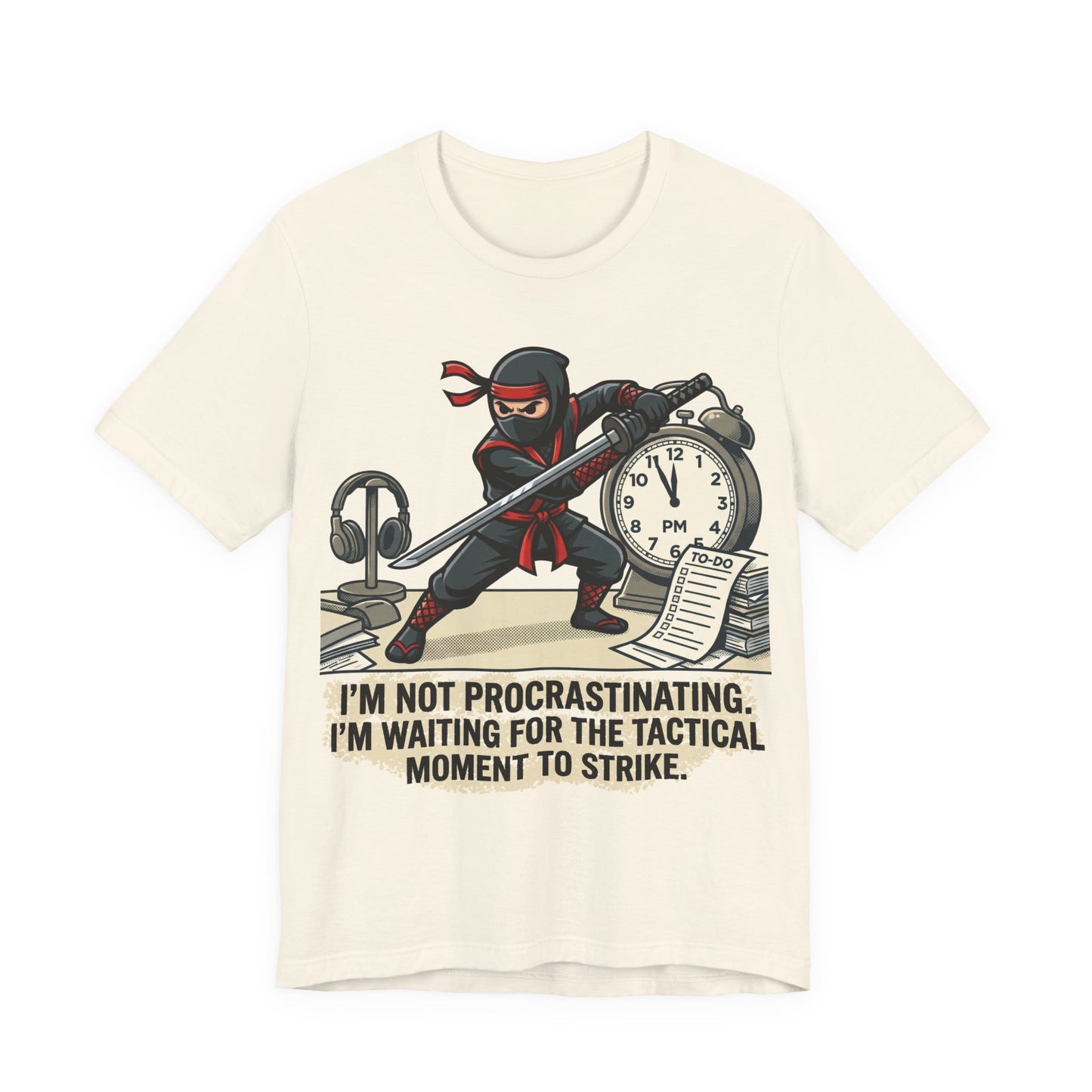 Natural Bella+Canvas 3001 unisex tee with I'm Not Procrastinating ninja and clock graphic, on hanger