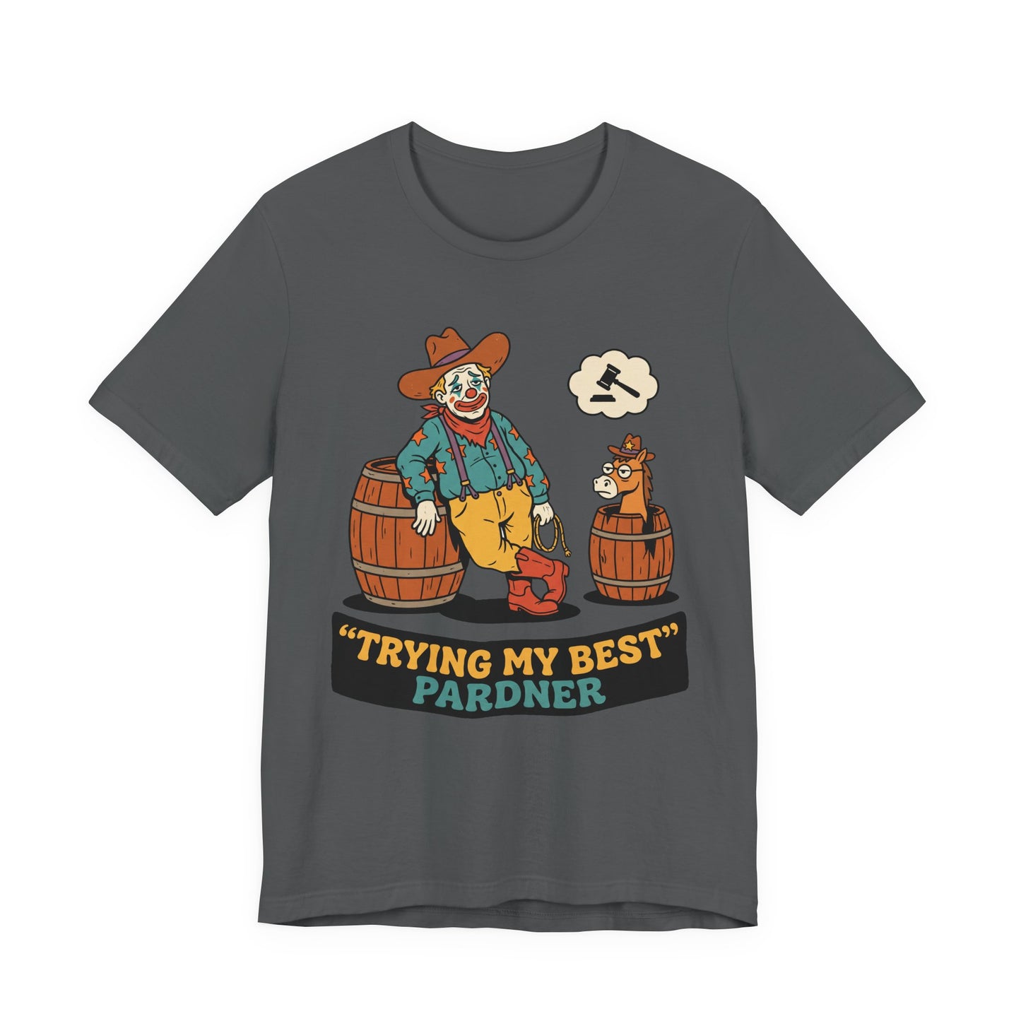 Red Bella+Canvas 3001 unisex tee with Trying My Best Pardner graphic, on hanger
