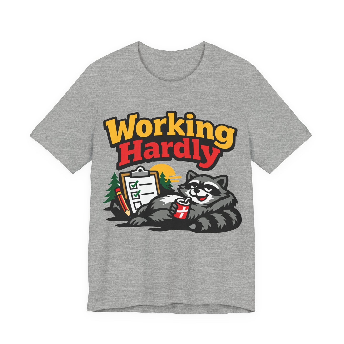 Natural Bella+Canvas 3001 unisex tee with Working Hardly raccoon graphic, flat lay