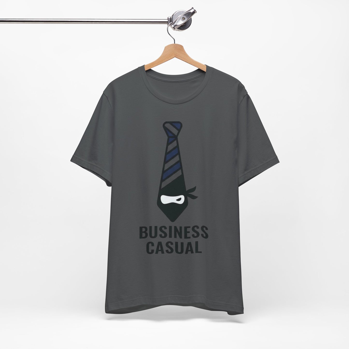 Asphalt Bella+Canvas 3001 unisex tee with Business Casual ninja in tie graphic, on hanger