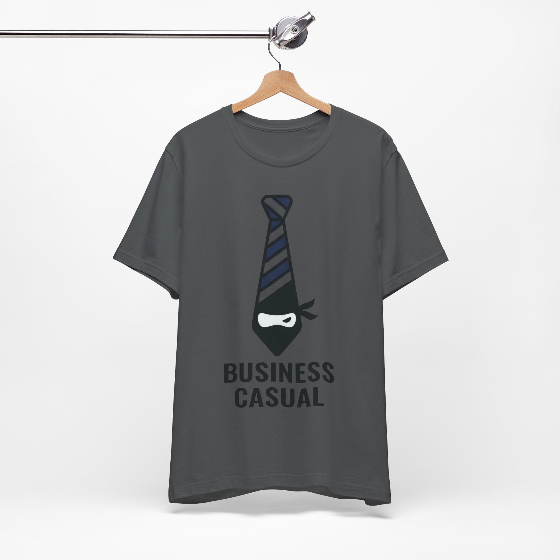 Asphalt Bella+Canvas 3001 unisex tee with Business Casual ninja in tie graphic, on hanger