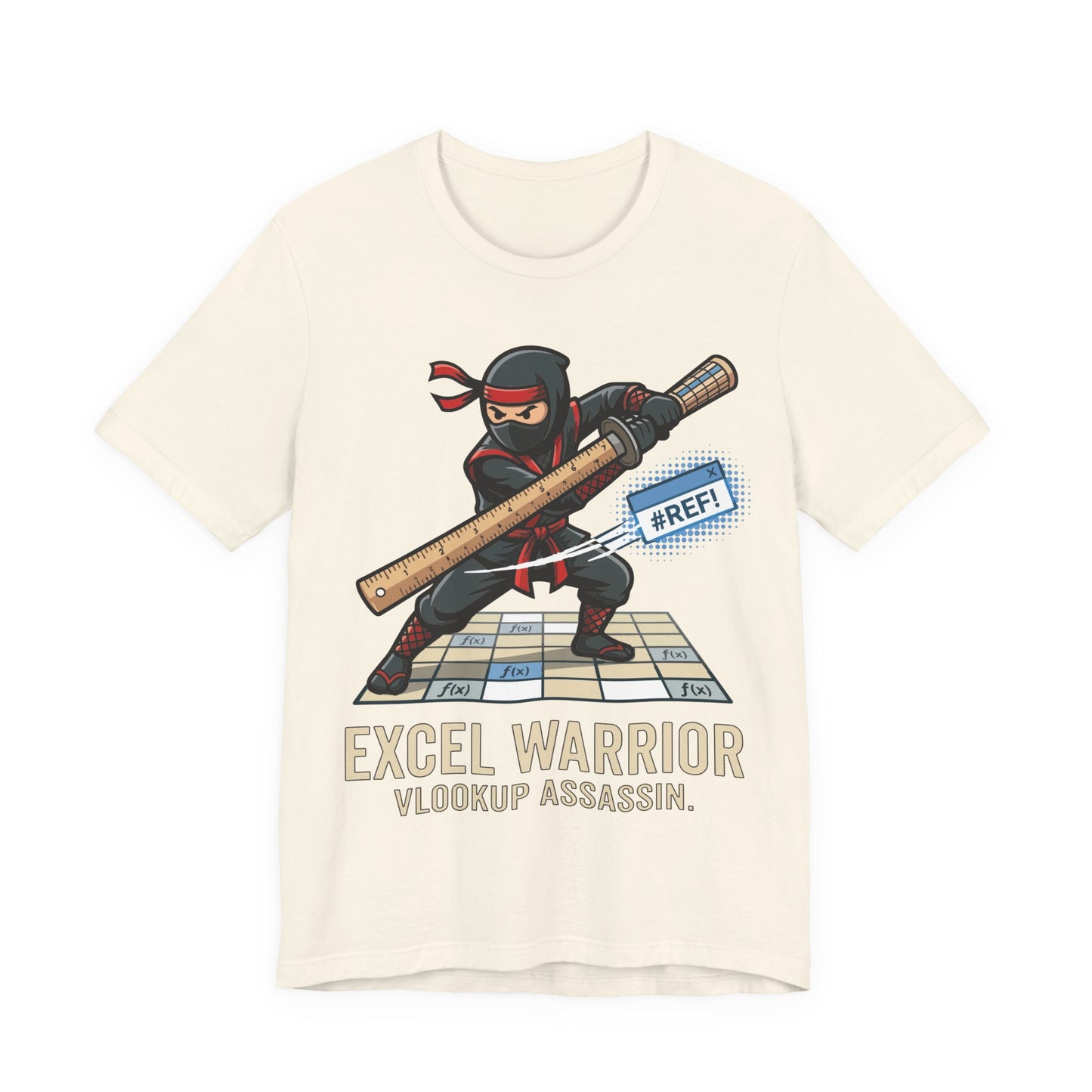 Natural Bella+Canvas 3001 unisex tee with Excel Warrior VLOOKUP Assassin ninja spreadsheet graphic, on hanger
