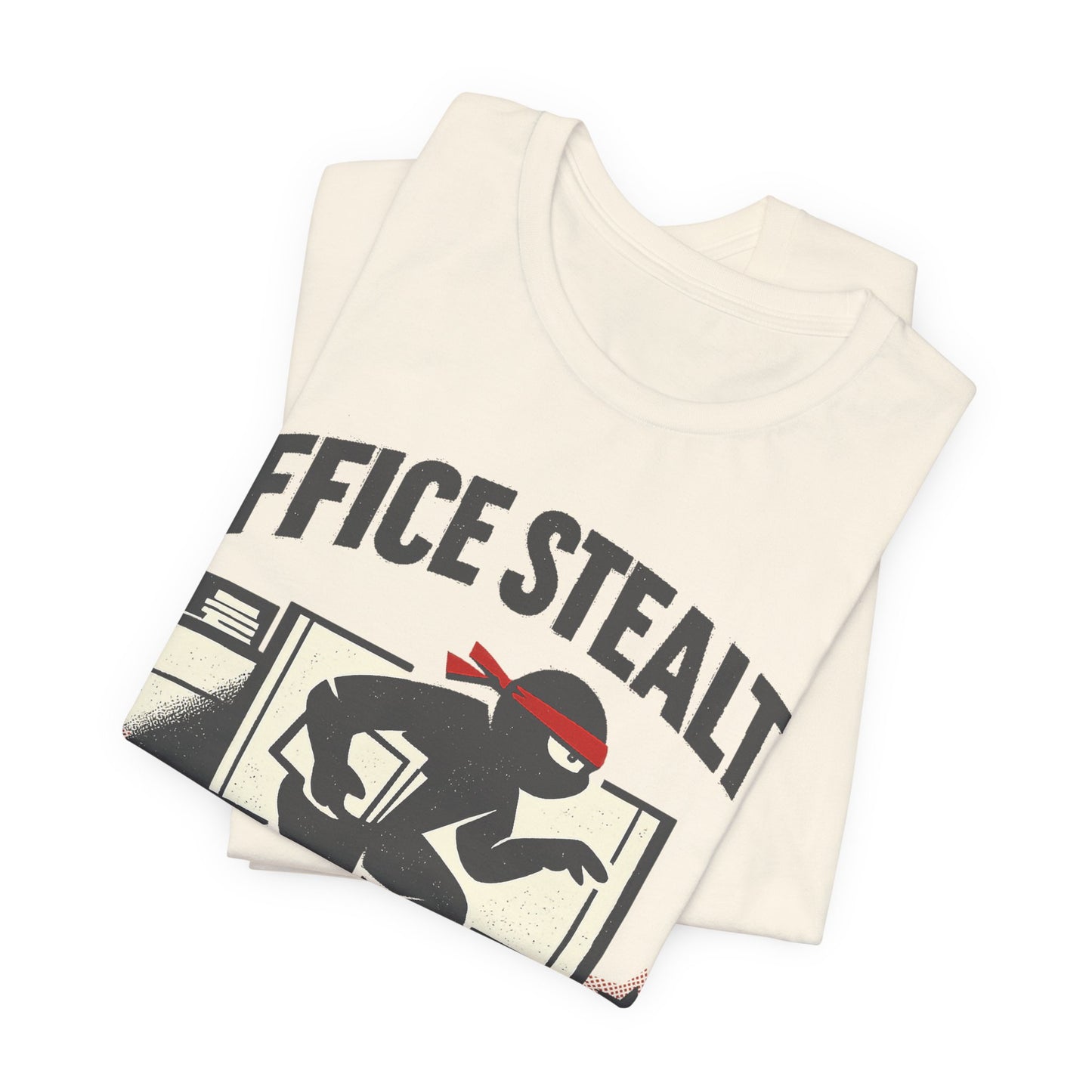 Navy Bella+Canvas 3001 unisex tee with Office Stealth vintage faded ninja design, flat lay