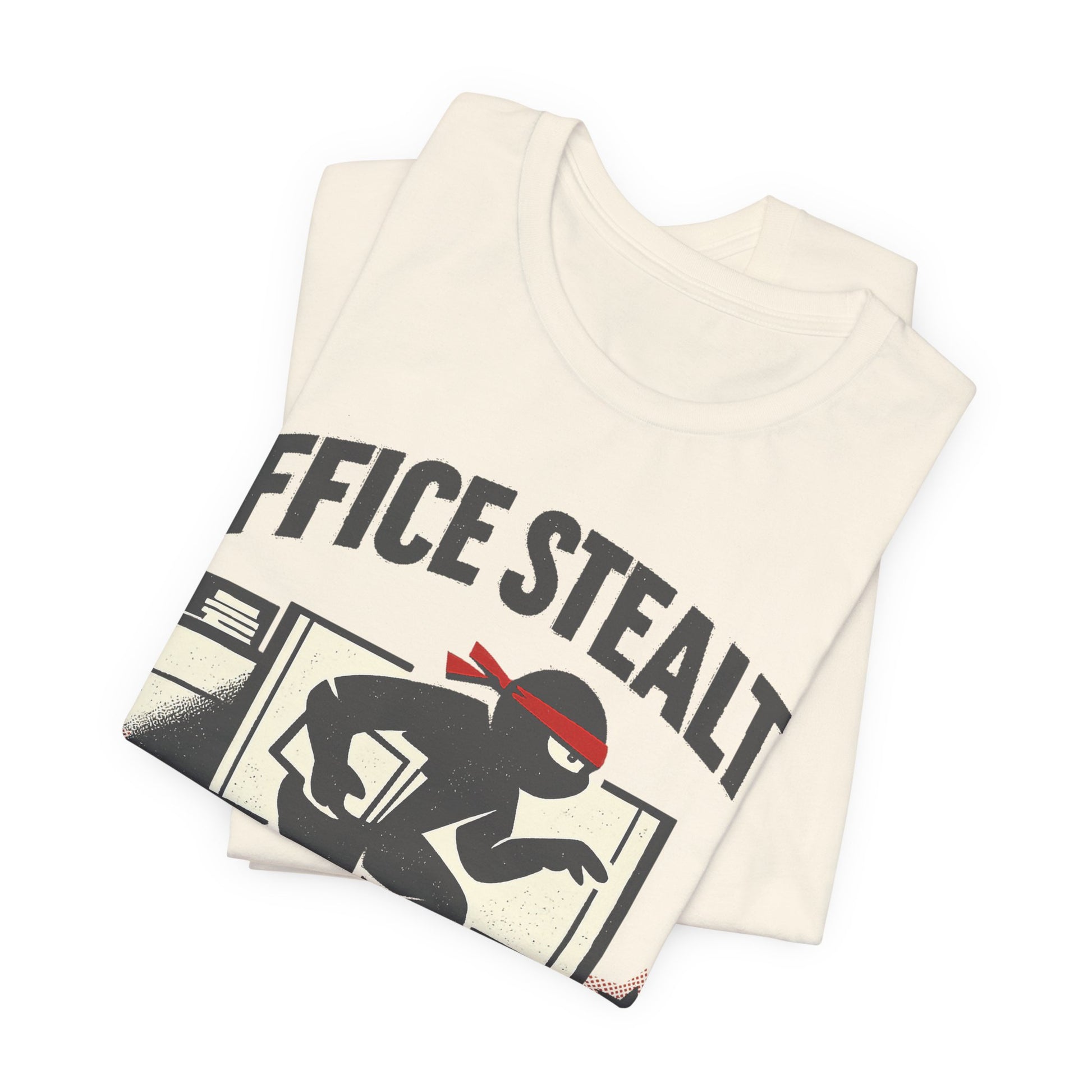 Navy Bella+Canvas 3001 unisex tee with Office Stealth vintage faded ninja design, flat lay