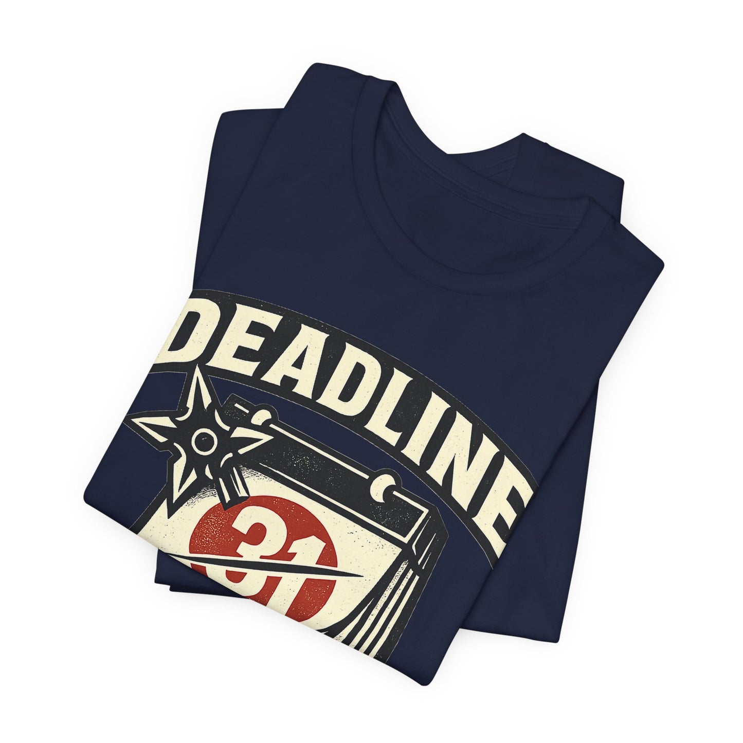 Navy Bella+Canvas Red Bella+Canvas 3001 unisex tee with Deadline Eliminated ninja badge graphic, folded3001 unisex tee with Deadline Eliminated ninja badge graphic, folded