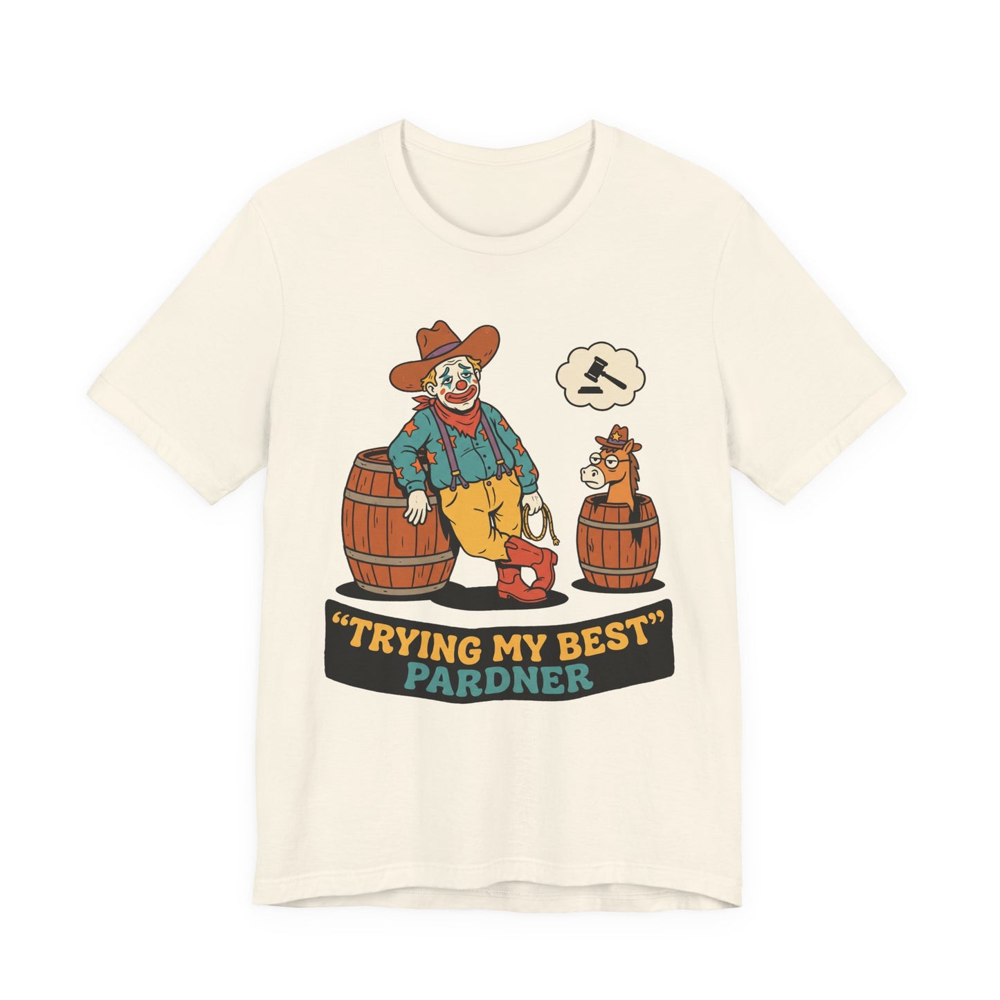Natural Bella+Canvas 3001 unisex tee with Trying My Best Pardner graphic, on hanger