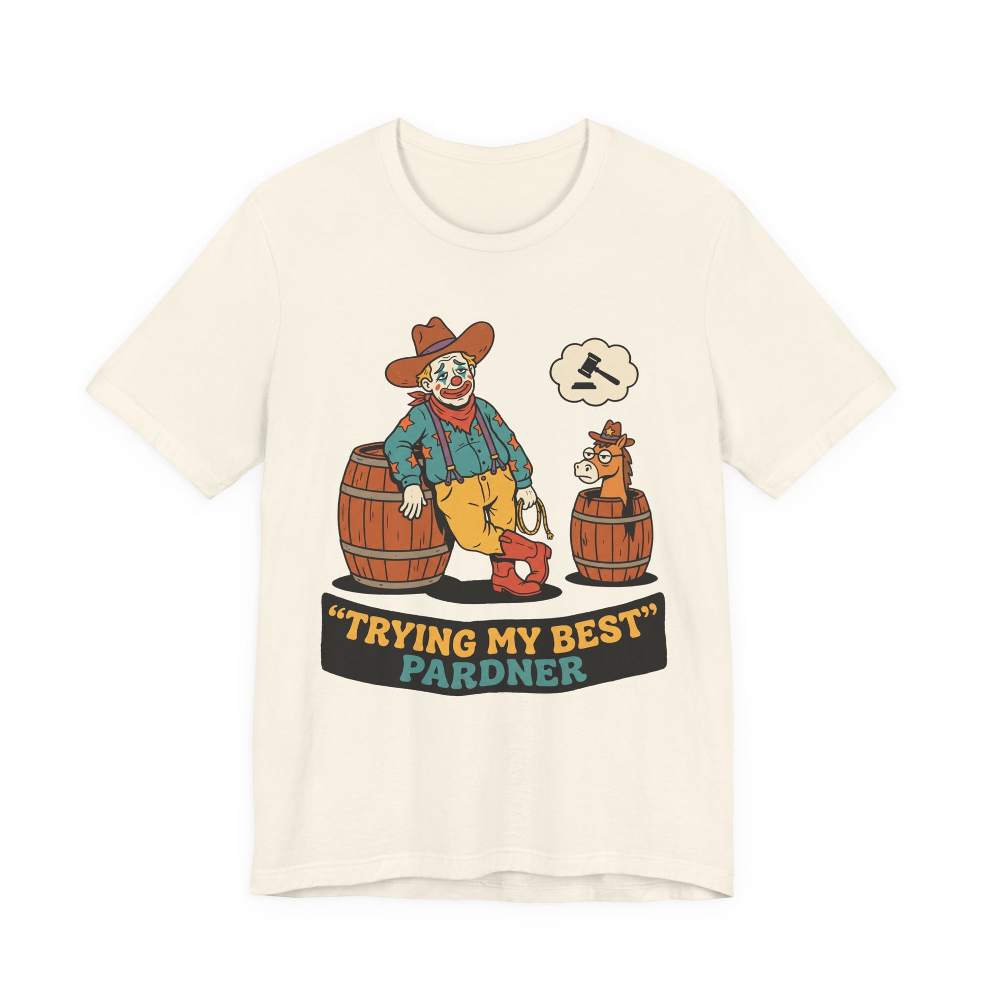 Natural Bella+Canvas 3001 unisex tee with Trying My Best Pardner graphic, on hanger