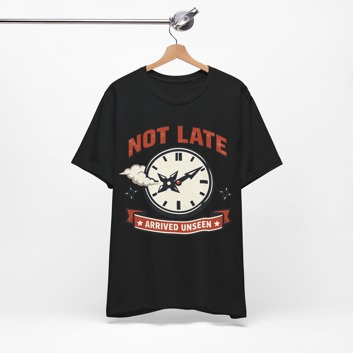 Natural Bella+Canvas 3001 unisex tee with Not Late Arrived Unseen ninja clock design, flat lay