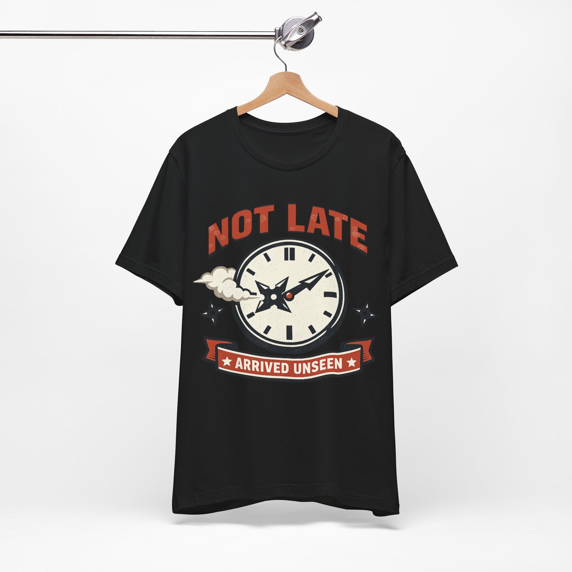Natural Bella+Canvas 3001 unisex tee with Not Late Arrived Unseen ninja clock design, flat lay