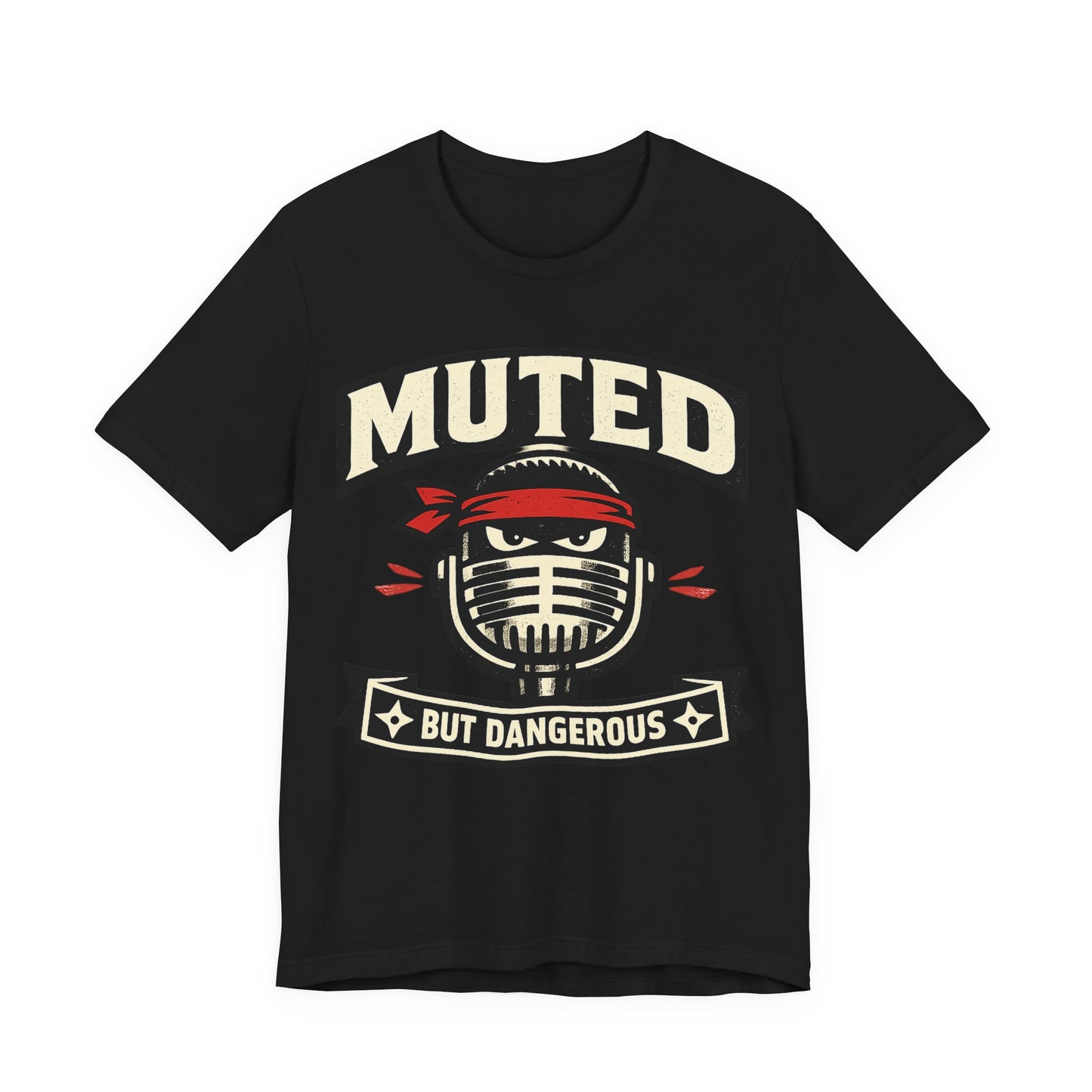 Black Bella+Canvas 3001 unisex tee with Muted But Dangerous ninja graphic, flat lay