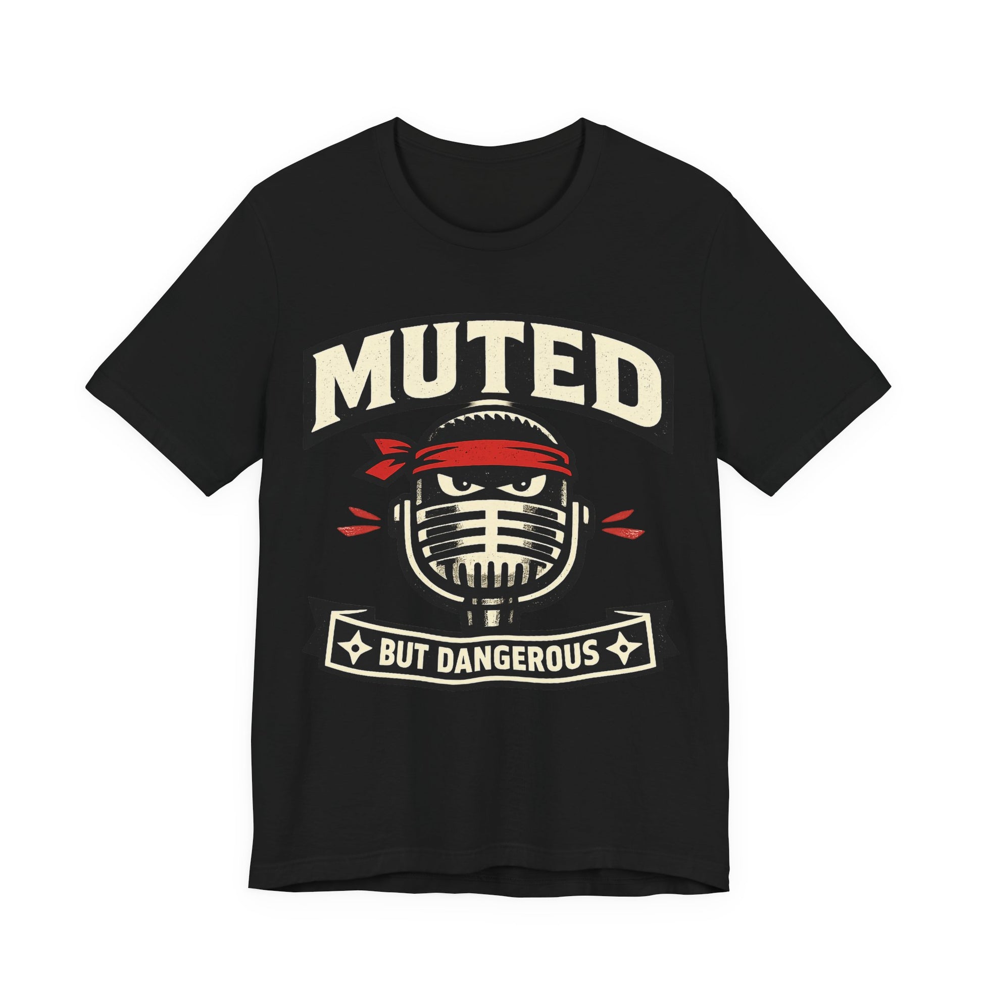Black Bella+Canvas 3001 unisex tee with Muted But Dangerous ninja graphic, flat lay