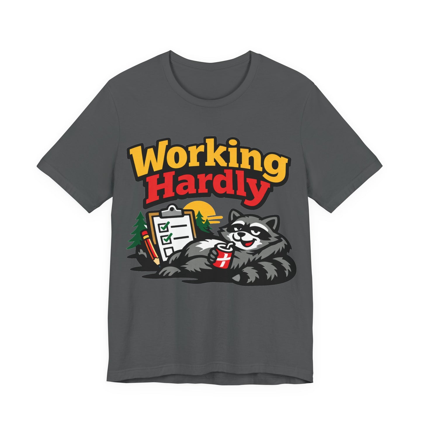 Red Bella+Canvas 3001 unisex tee with Working Hardly raccoon graphic, on hanger