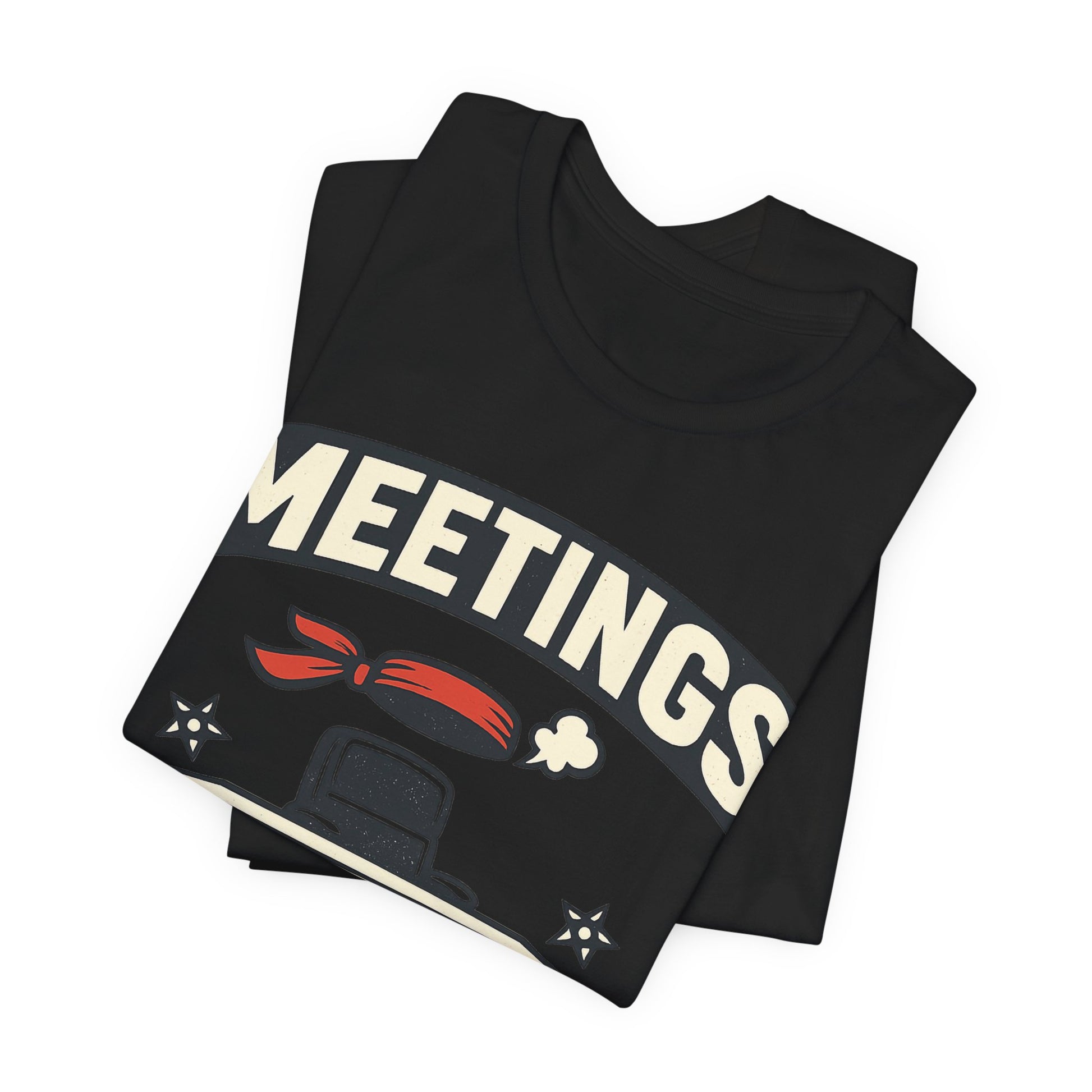 Black Bella+Canvas 3001 unisex tee with Meetings I Attend Invisibly ninja badge graphic, on hanger