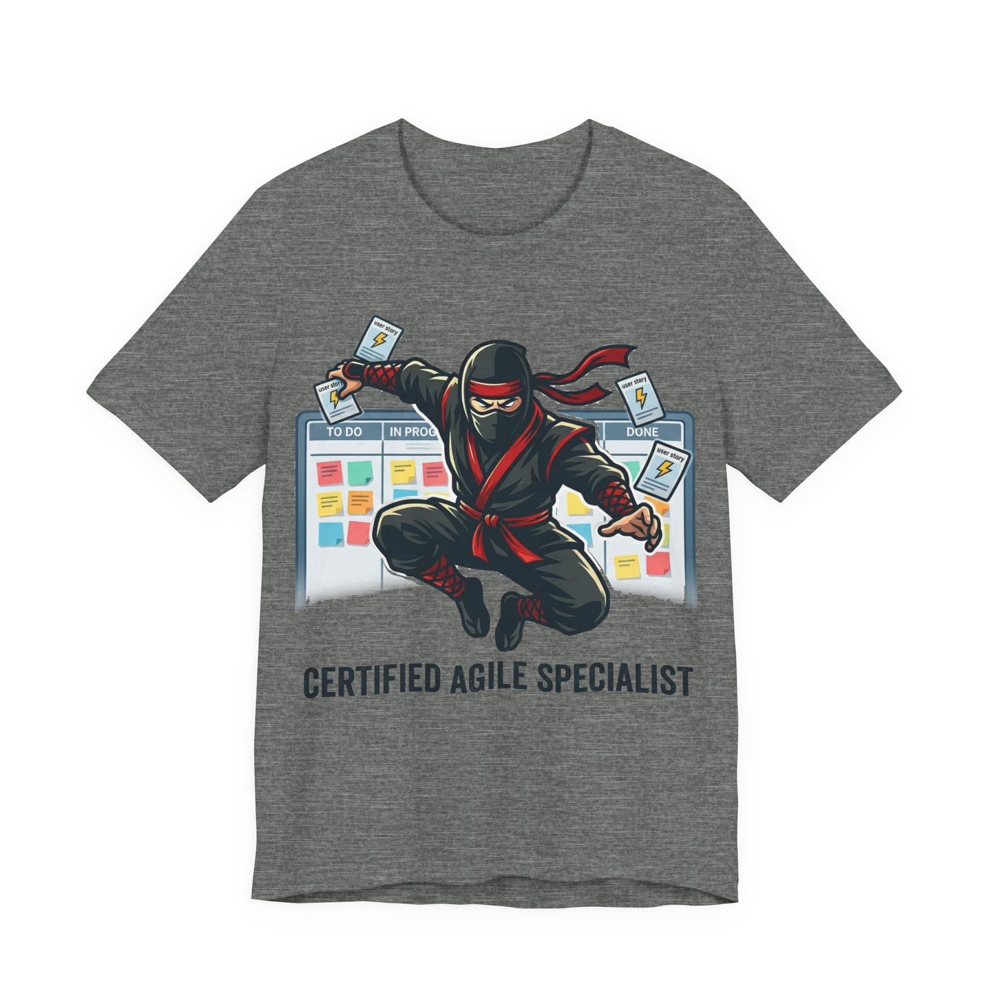 Deep Heather Bella+Canvas 3001 unisex tee with Certified Agile Specialist ninja kanban design, on hanger