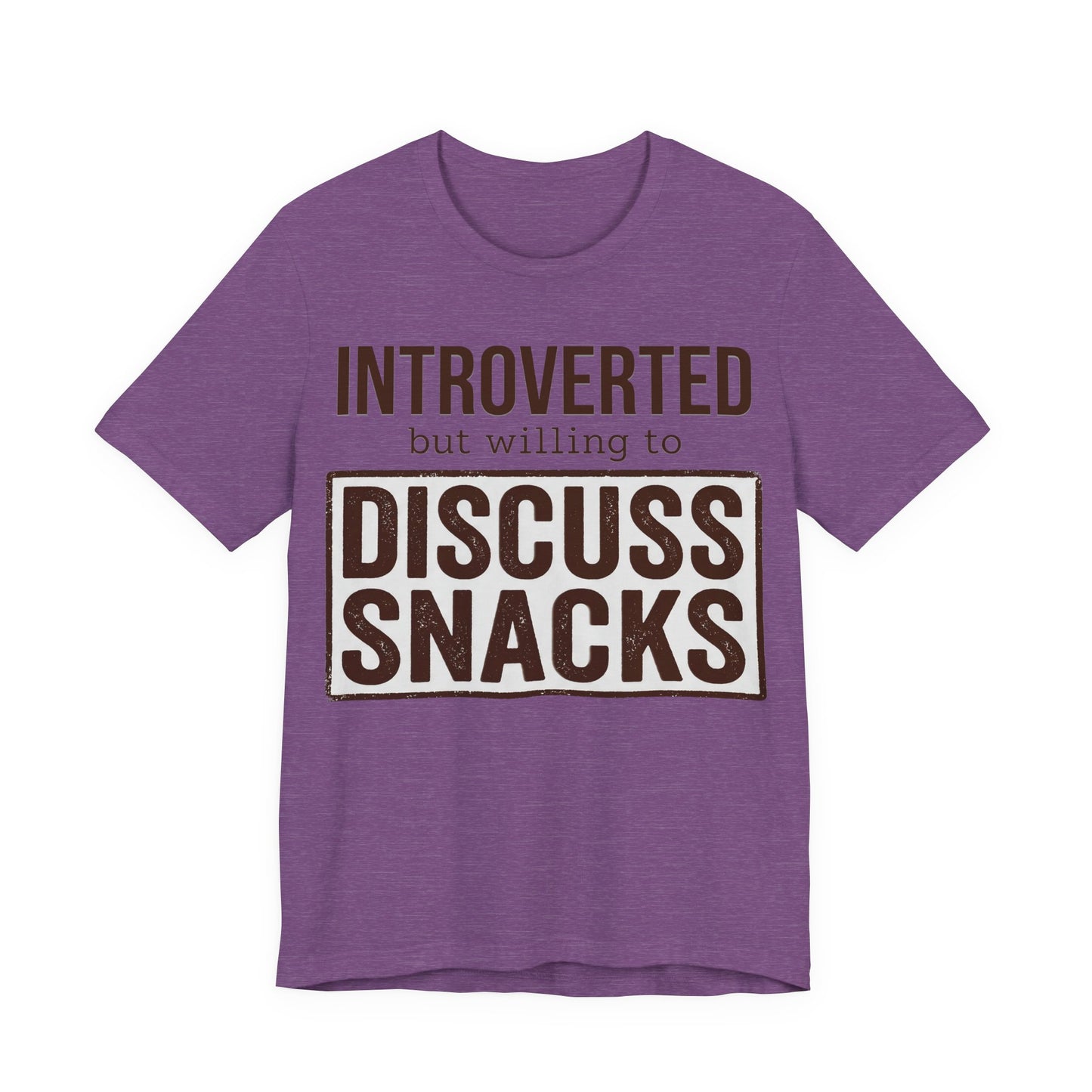 Heather Team Purple Bella+Canvas 3001 unisex tee with Introverted but Willing to Snack graphic