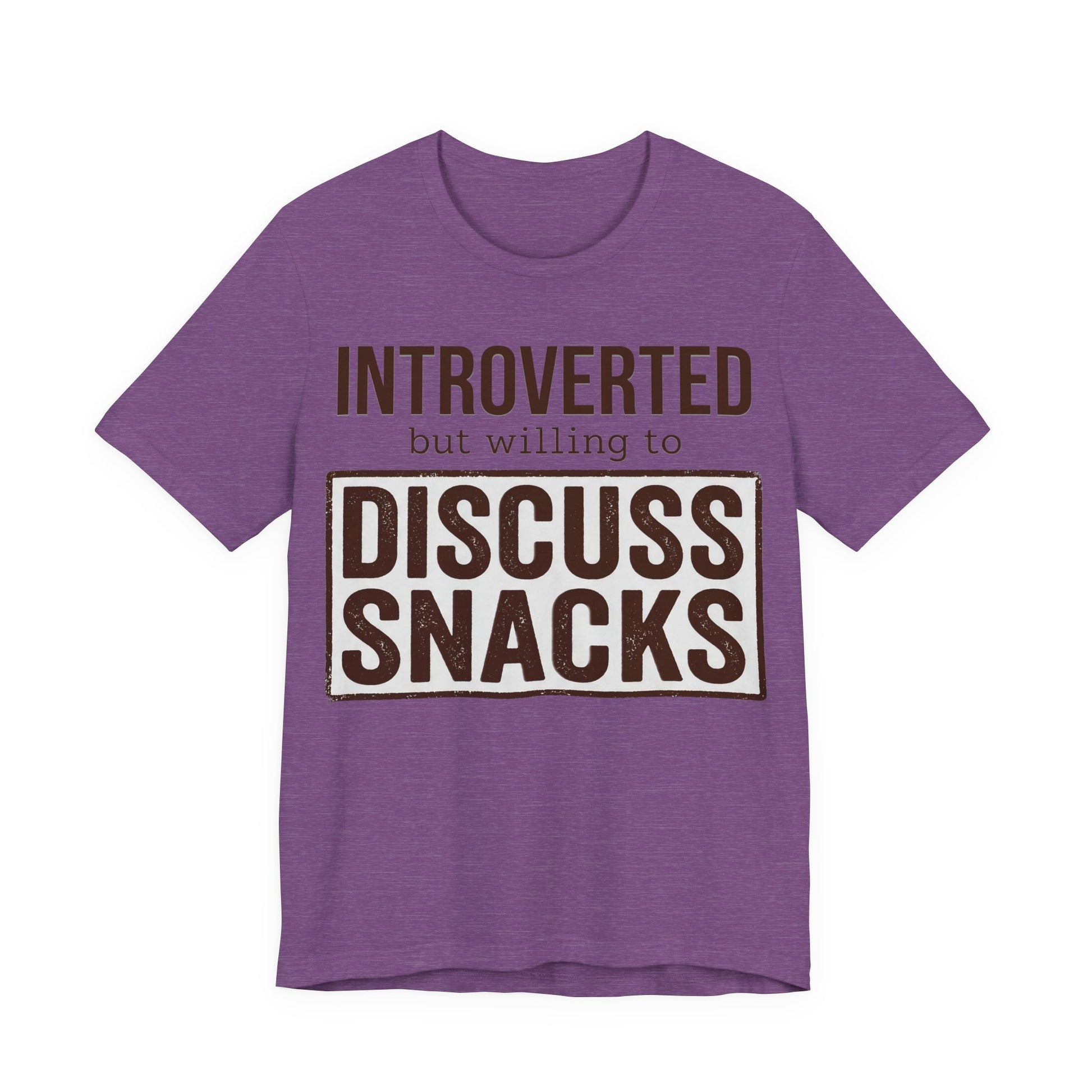 Heather Team Purple Bella+Canvas 3001 unisex tee with Introverted but Willing to Snack graphic