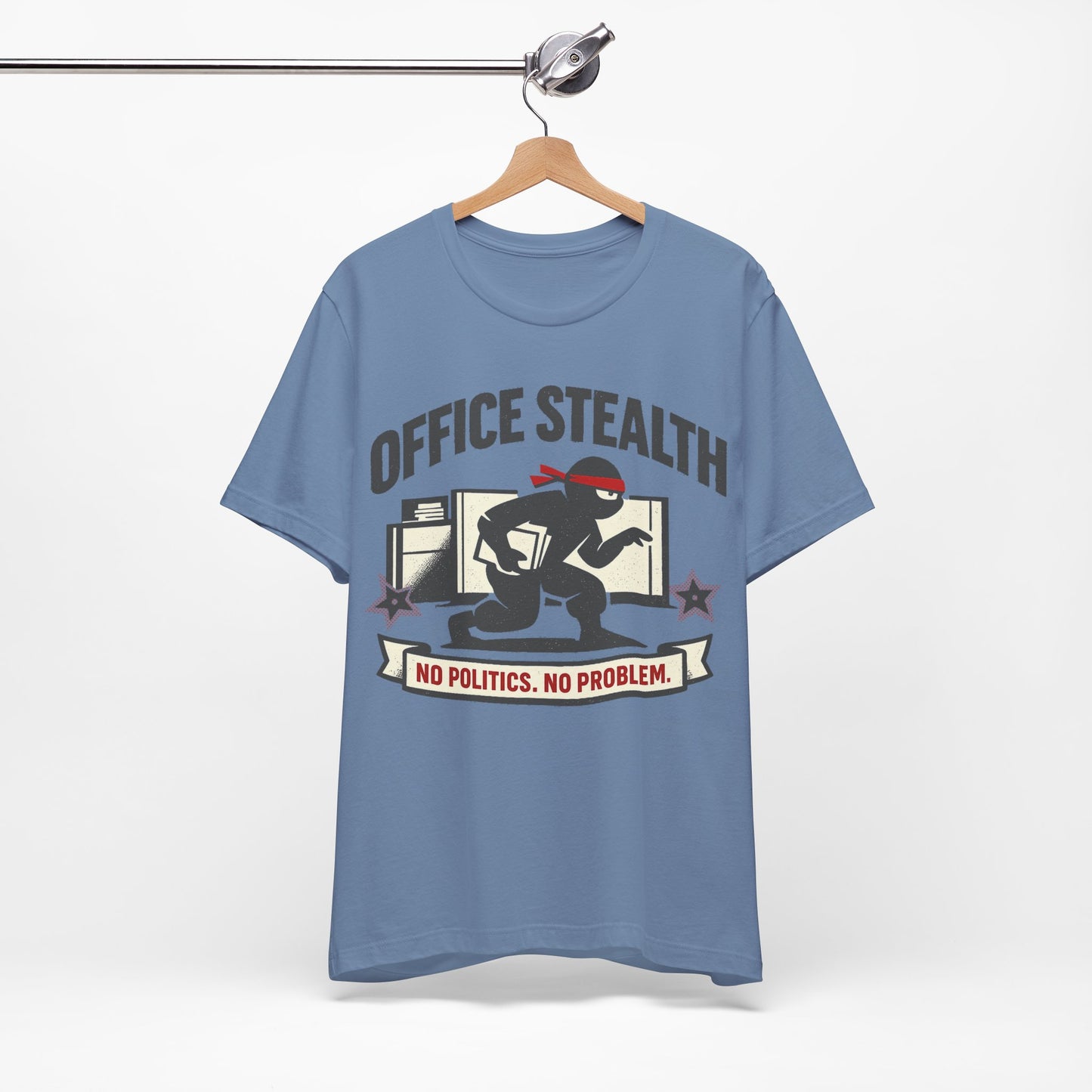 Natural Bella+Canvas 3001 unisex tee with Office Stealth vintage faded ninja design, flat lay