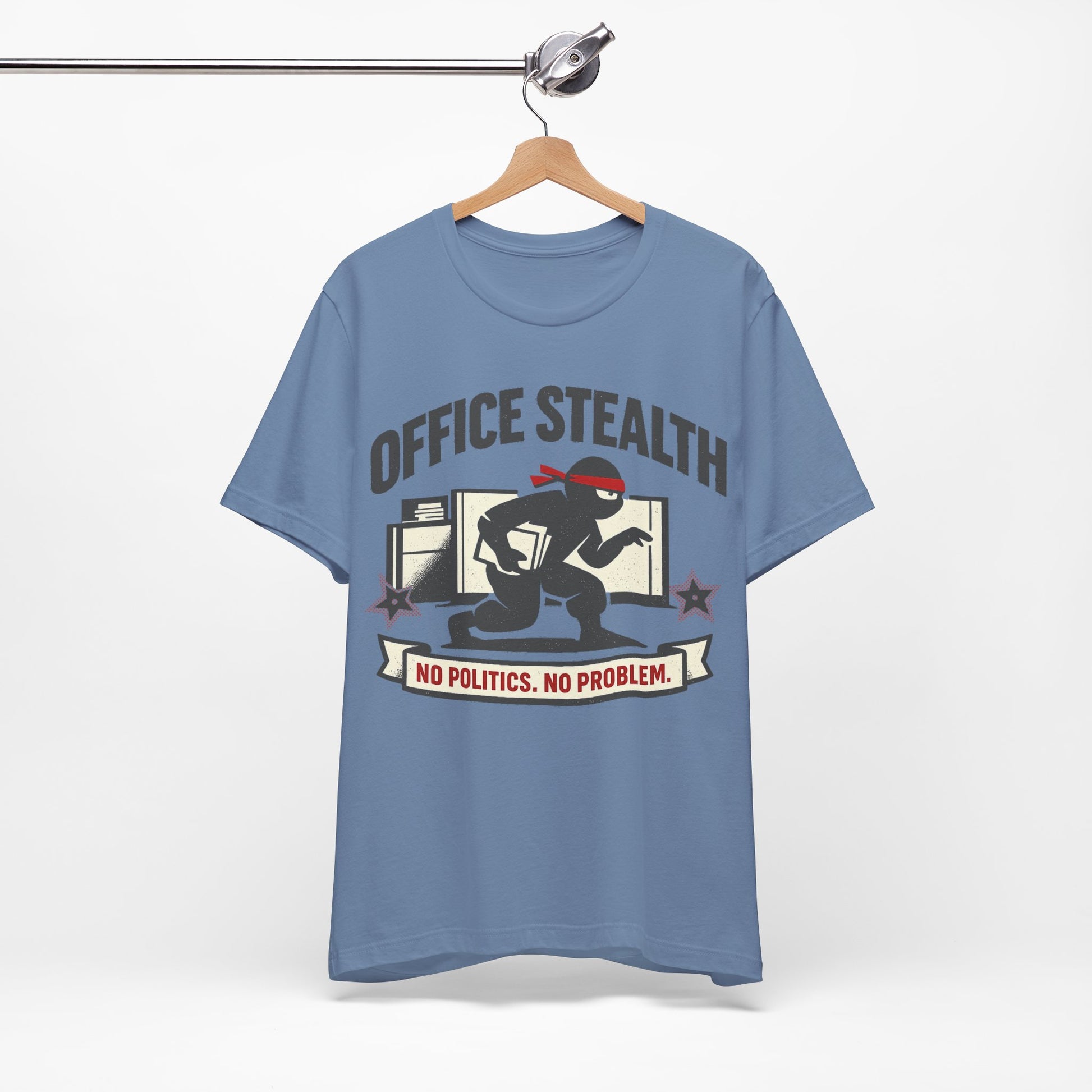 Natural Bella+Canvas 3001 unisex tee with Office Stealth vintage faded ninja design, flat lay