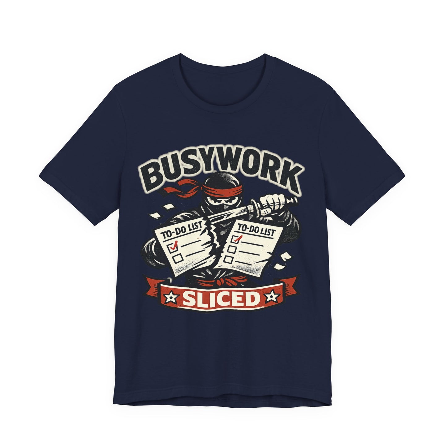 Navy Bella+Canvas 3001 unisex tee with Busywork Sliced ninja slicing to-do lists graphic, on hanger