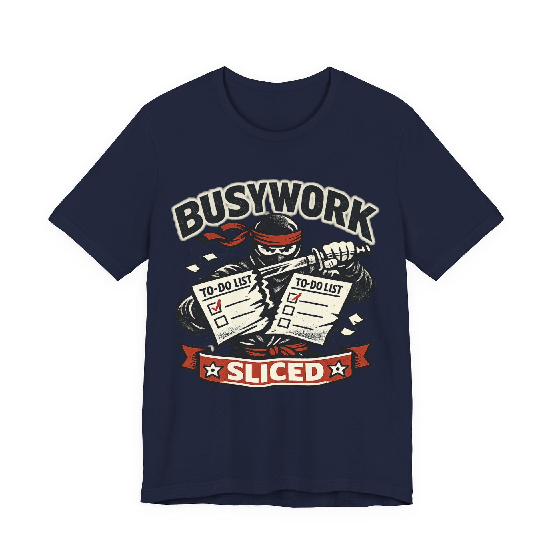Navy Bella+Canvas 3001 unisex tee with Busywork Sliced ninja slicing to-do lists graphic, on hanger