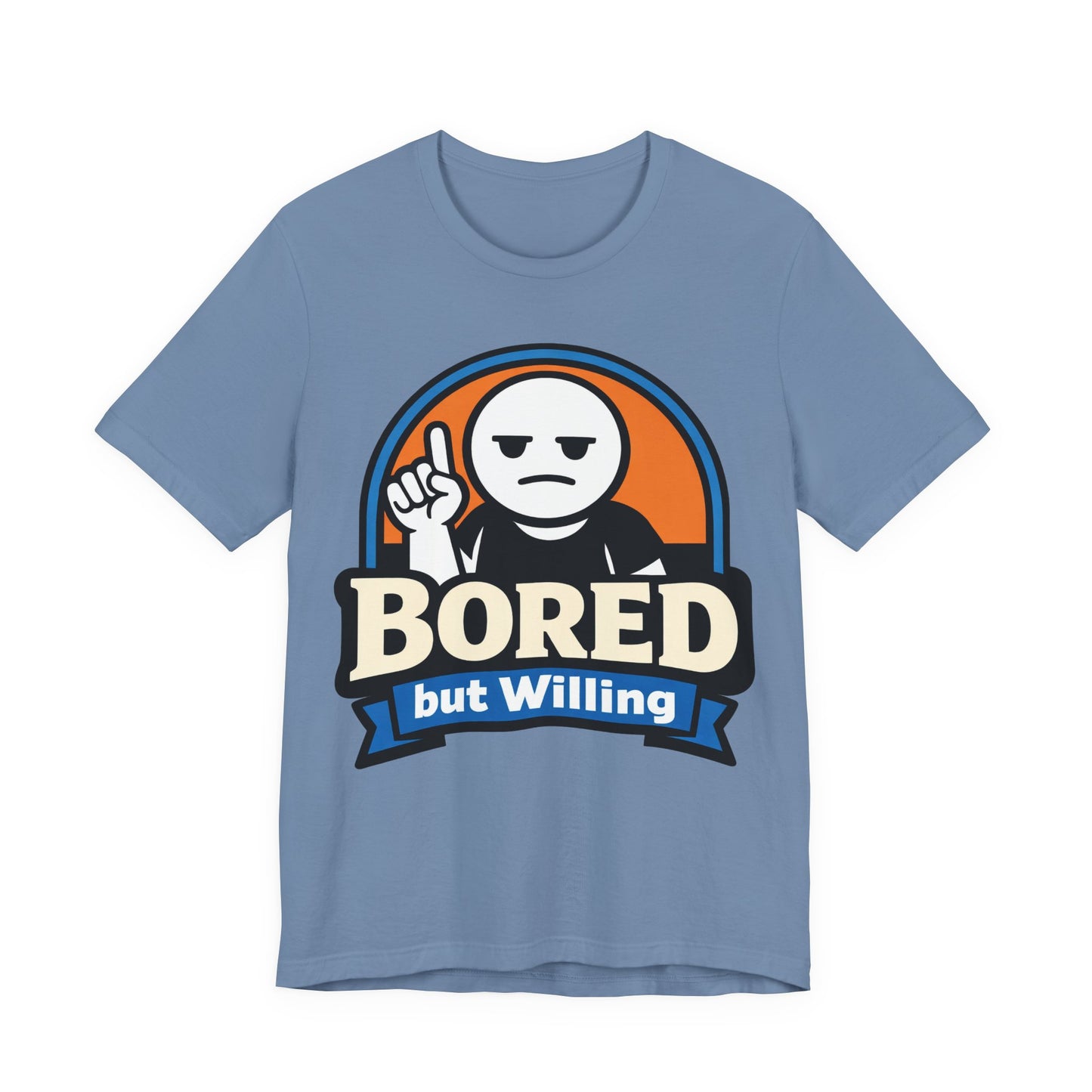 Asphalt Bella+Canvas 3001 unisex tee with Bored But Willing graphic, on hanger