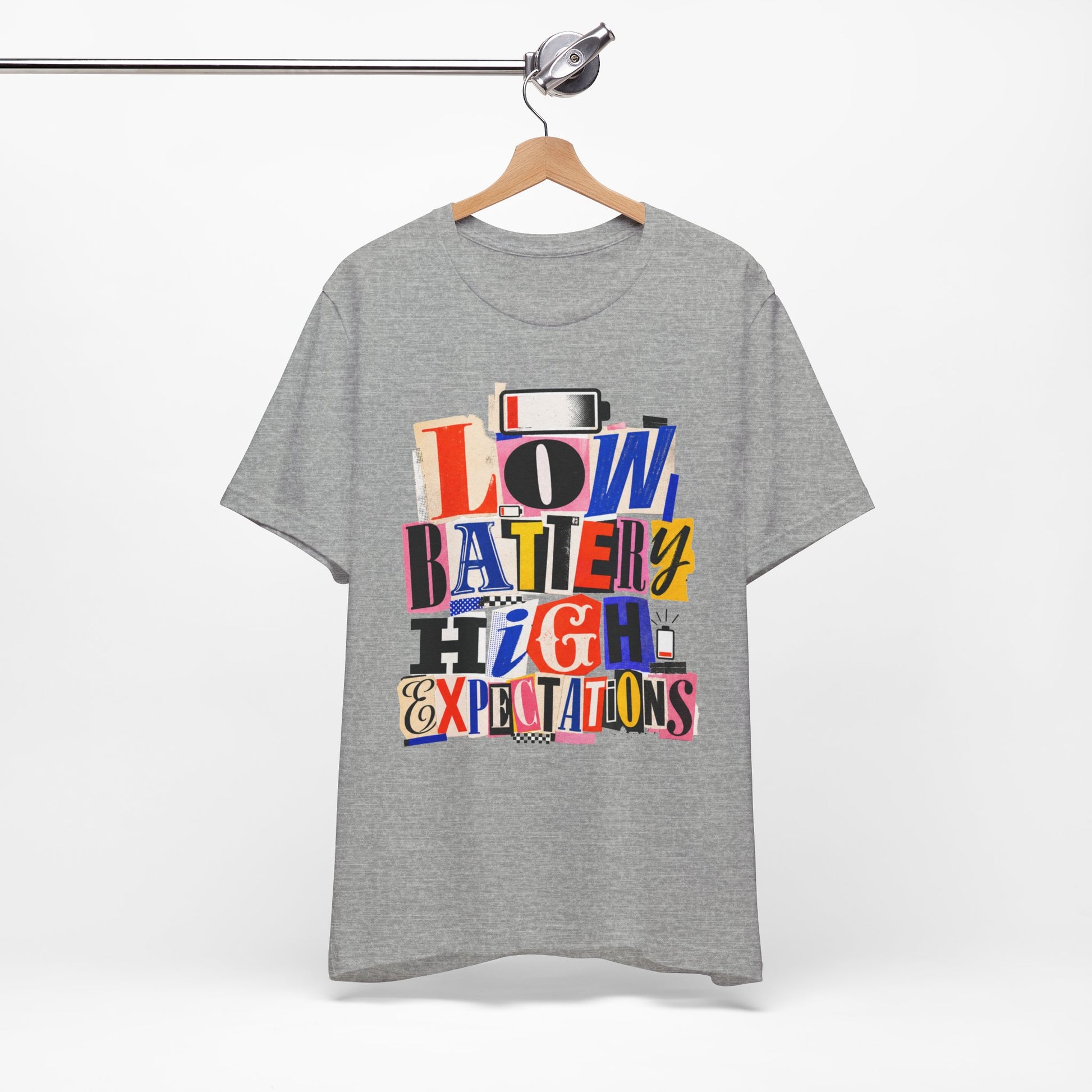 Low Battery High Expectations graphic on Bella+Canvas 3001 unisex tee
